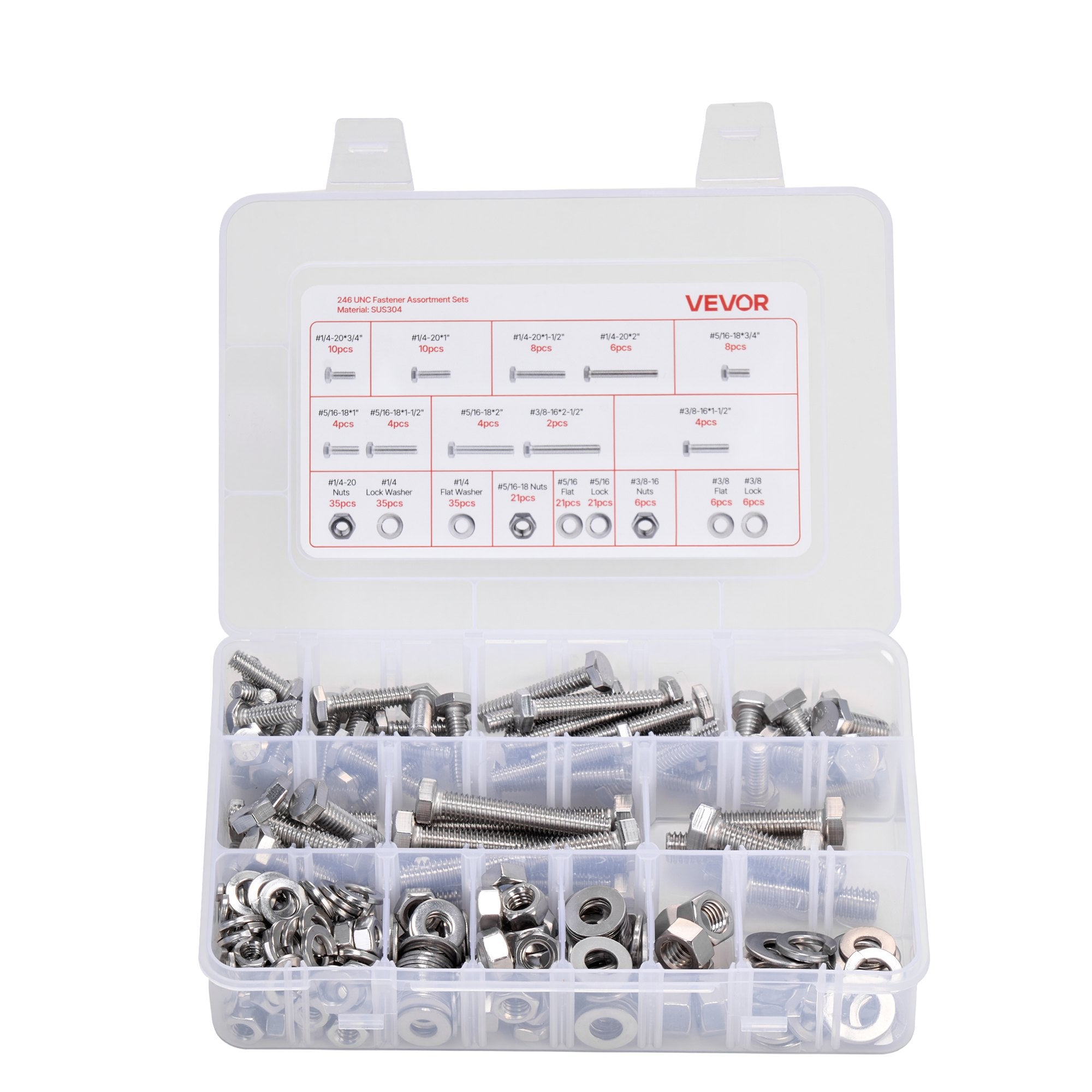 Automotive Repair & Speciality Tools: VEVOR 246 Pcs Bolts and Nuts Assortment Kit, Imperial Screws and Flat Washers, Stainless Steel 1/4-20,5/16-18,3/8-16, Spring Lock Washers for Furniture / Equipment /Vehicle Assembly with Case