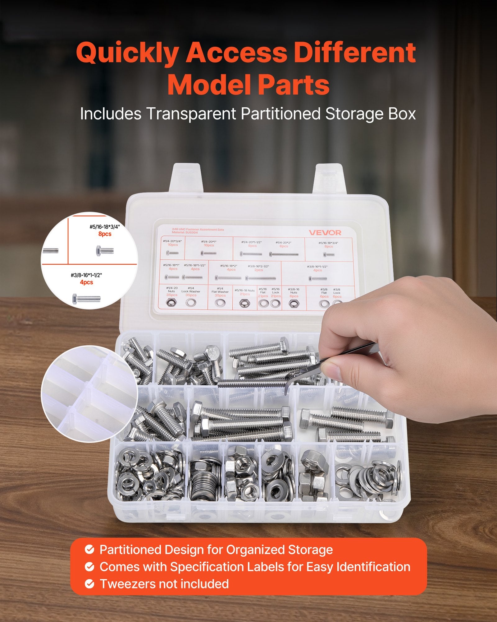 Automotive Repair & Speciality Tools: VEVOR 246 Pcs Bolts and Nuts Assortment Kit, Imperial Screws and Flat Washers, Stainless Steel 1/4-20,5/16-18,3/8-16, Spring Lock Washers for Furniture / Equipment /Vehicle Assembly with Case