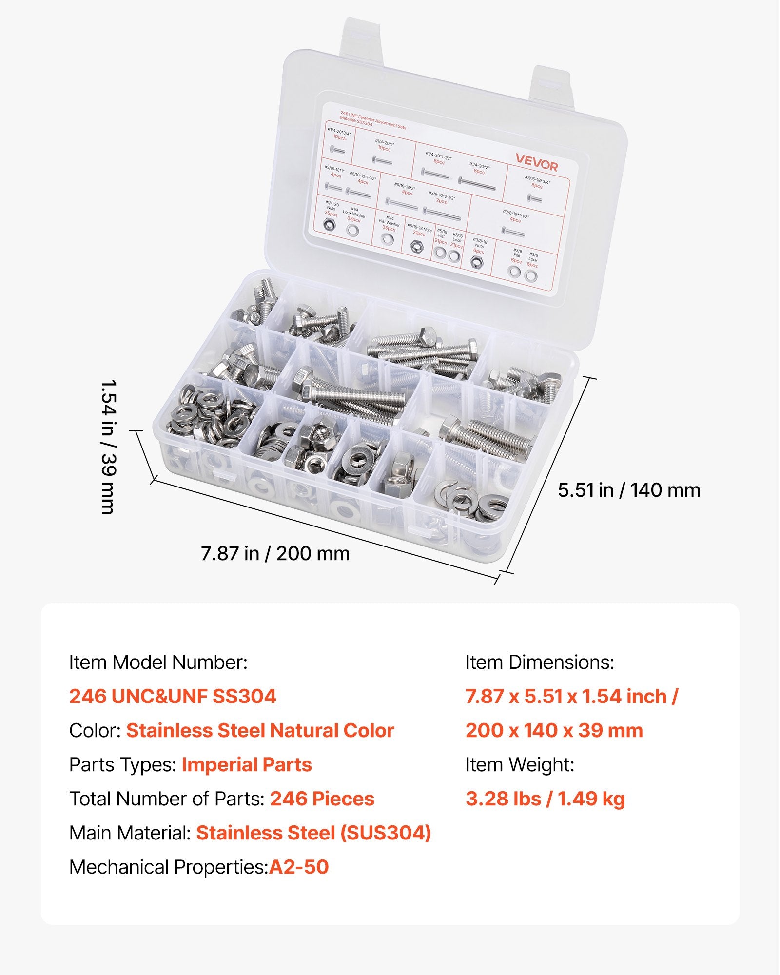 Automotive Repair & Speciality Tools: VEVOR 246 Pcs Bolts and Nuts Assortment Kit, Imperial Screws and Flat Washers, Stainless Steel 1/4-20,5/16-18,3/8-16, Spring Lock Washers for Furniture / Equipment /Vehicle Assembly with Case