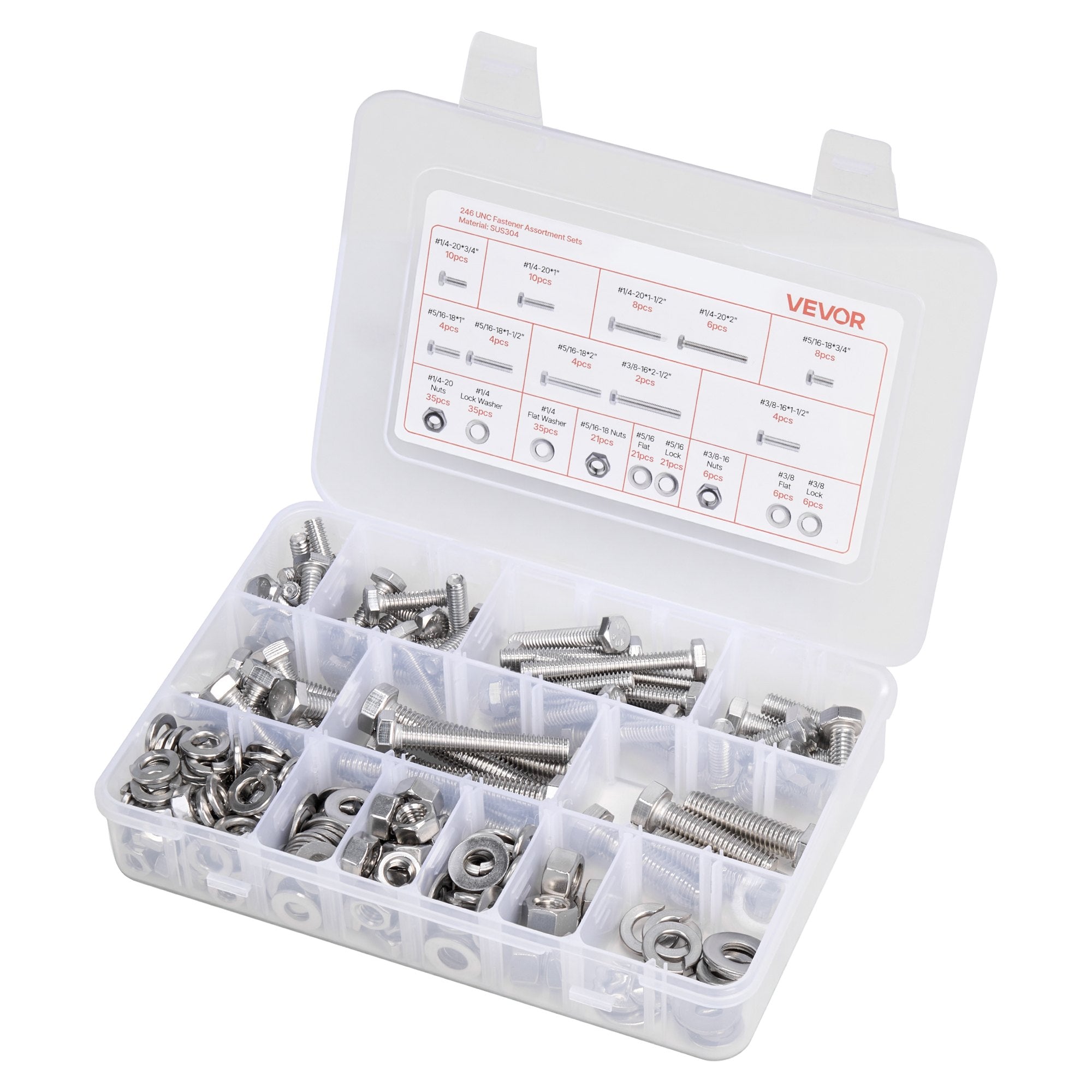 Automotive Repair & Speciality Tools: VEVOR 246 Pcs Bolts and Nuts Assortment Kit, Imperial Screws and Flat Washers, Stainless Steel 1/4-20,5/16-18,3/8-16, Spring Lock Washers for Furniture / Equipment /Vehicle Assembly with Case