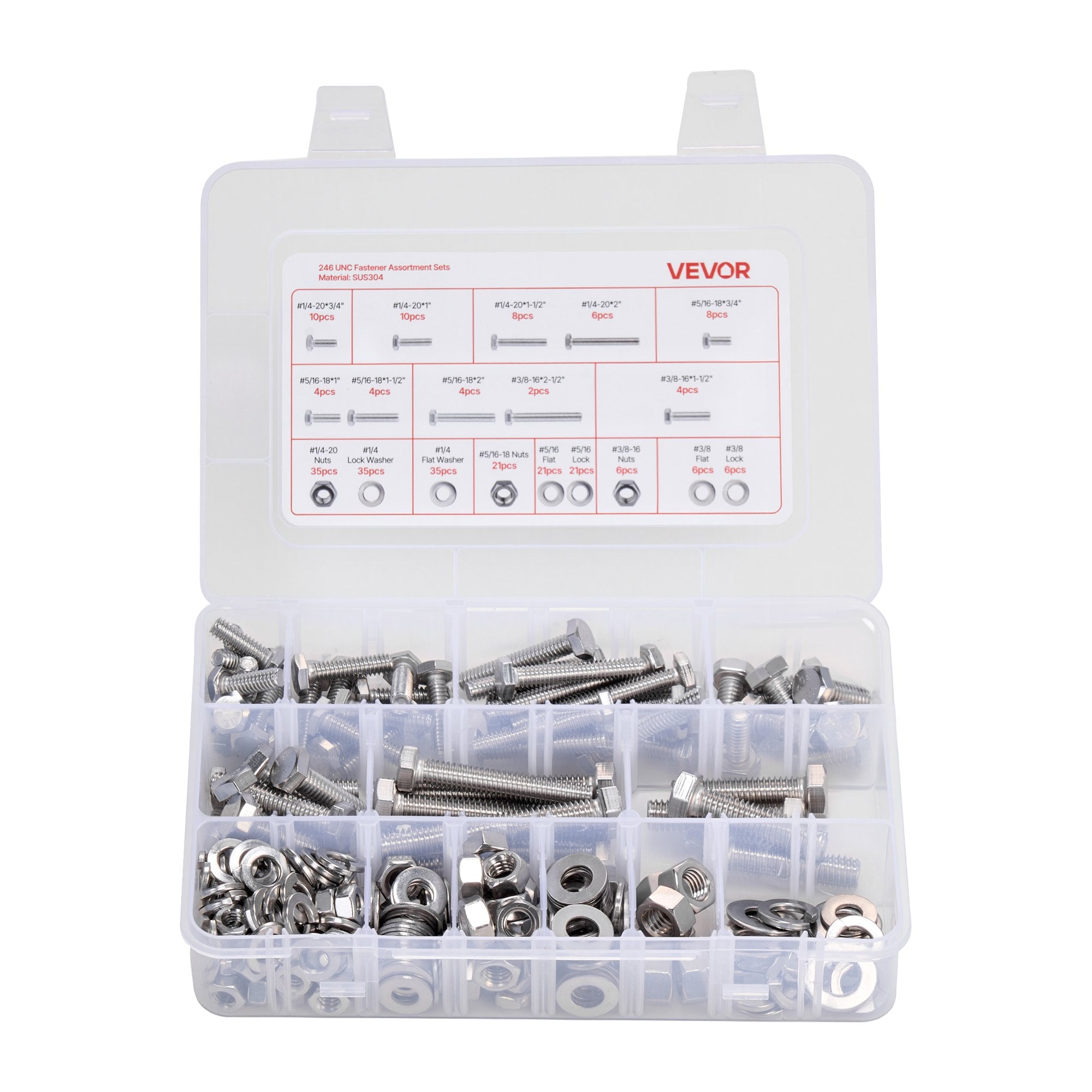 Automotive Repair & Speciality Tools: VEVOR 246 Pcs Bolts and Nuts Assortment Kit, Imperial Screws and Flat Washers, Stainless Steel 1/4-20,5/16-18,3/8-16, Spring Lock Washers for Furniture / Equipment /Vehicle Assembly with Case