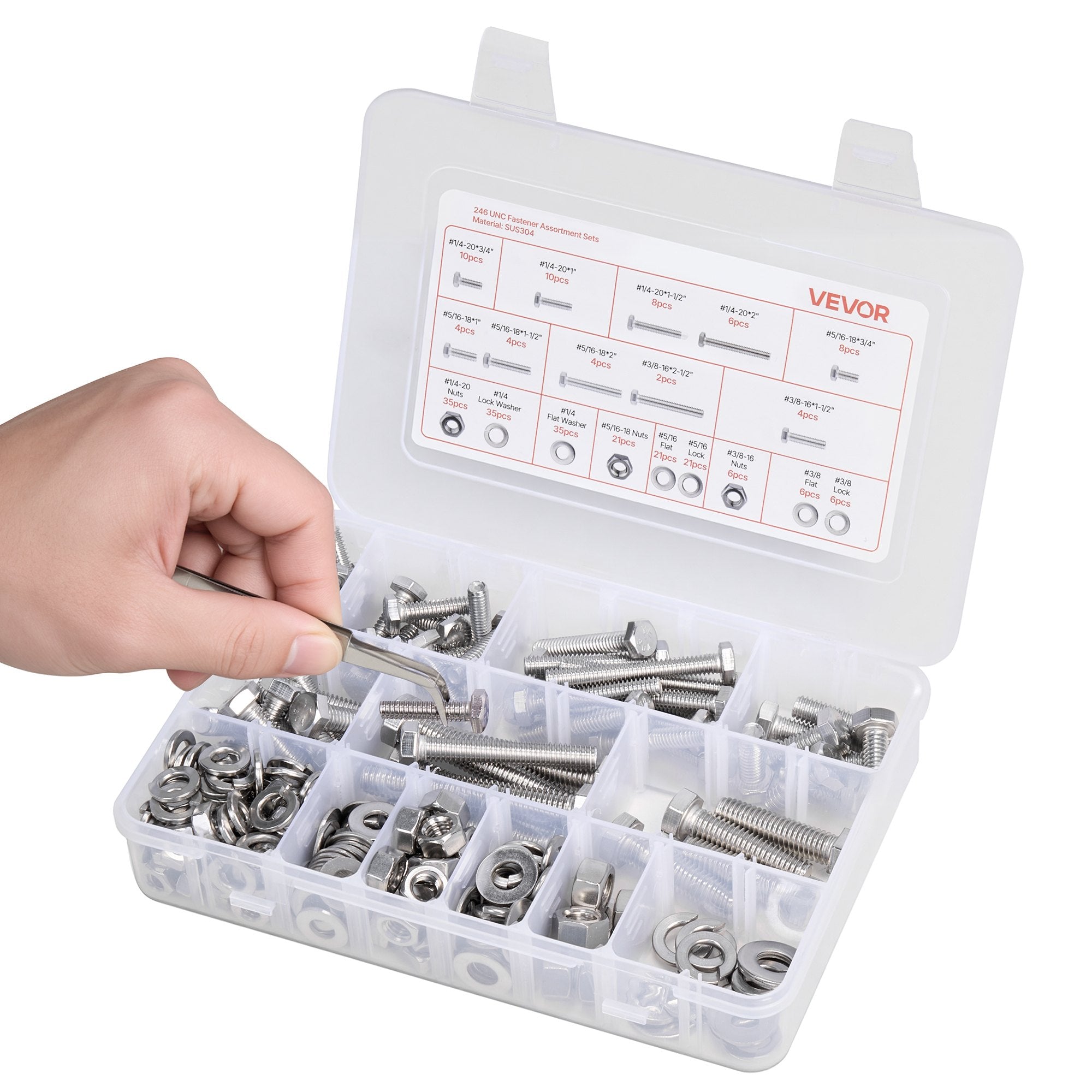 Automotive Repair & Speciality Tools: VEVOR 246 Pcs Bolts and Nuts Assortment Kit, Imperial Screws and Flat Washers, Stainless Steel 1/4-20,5/16-18,3/8-16, Spring Lock Washers for Furniture / Equipment /Vehicle Assembly with Case