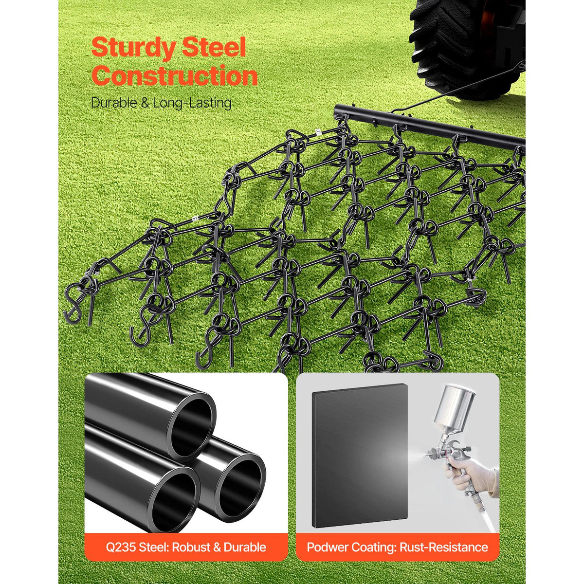 Drag Harrow, 1.2x1.2 m Durable Chain Harrow with 69 Sharp Teeth, Suitable for ATV UTV Tractor, Ideal for Soil Preparation, Seeding, Smoothing Landscapes, and Yard Gravel Driveway Maintenance