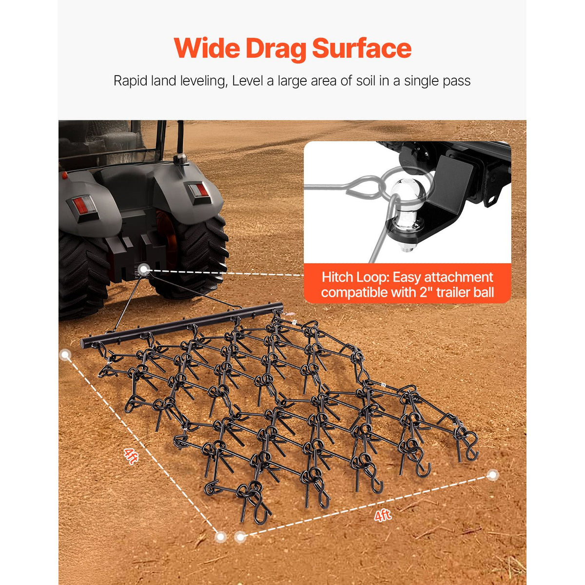 Drag Harrow, 1.2x1.2 m Durable Chain Harrow with 69 Sharp Teeth, Suitable for ATV UTV Tractor, Ideal for Soil Preparation, Seeding, Smoothing Landscapes, and Yard Gravel Driveway Maintenance