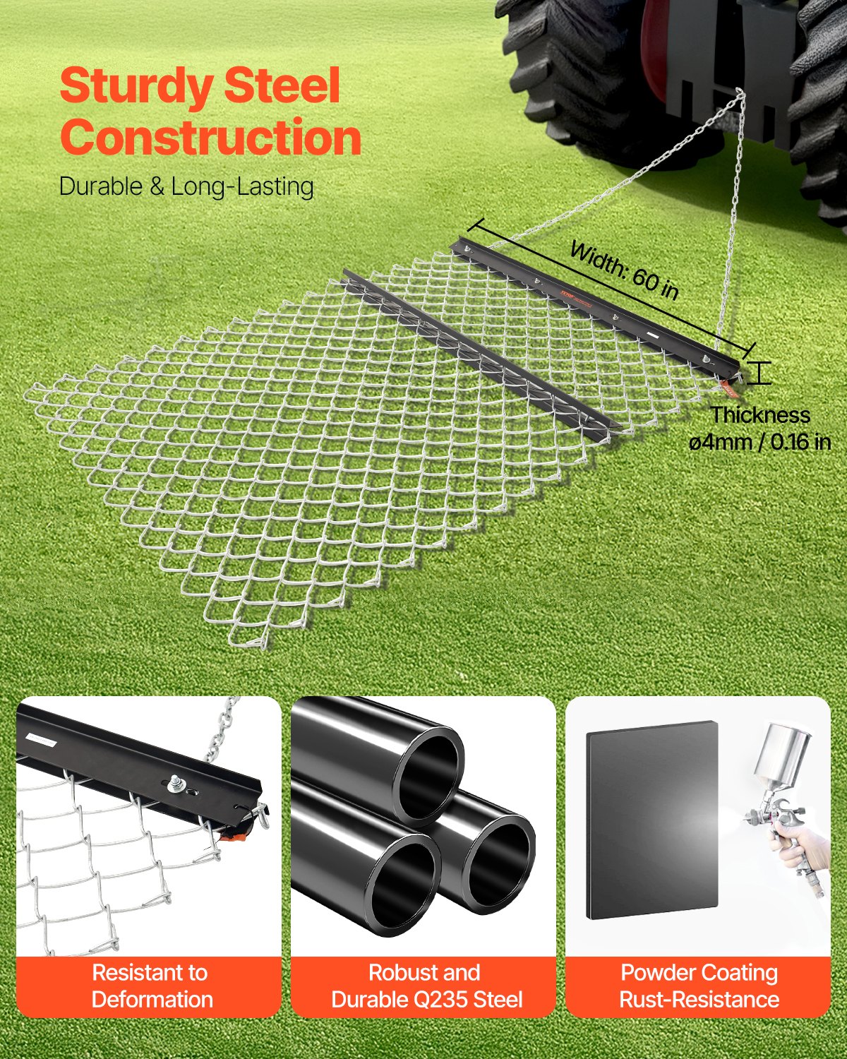 Lawn Rollers: VEVOR Drag Harrow 4 x 5 ft Chain Harrow Lawn Rake ATV UTV Tractor Attachments