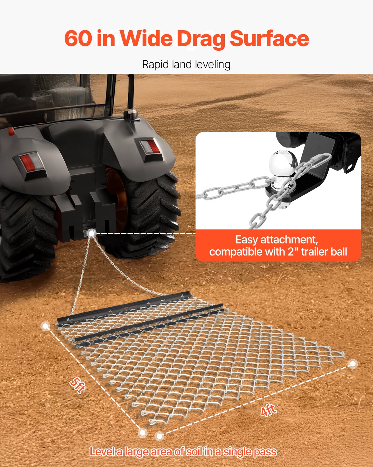 Lawn Rollers: VEVOR Drag Harrow 4 x 5 ft Chain Harrow Lawn Rake ATV UTV Tractor Attachments
