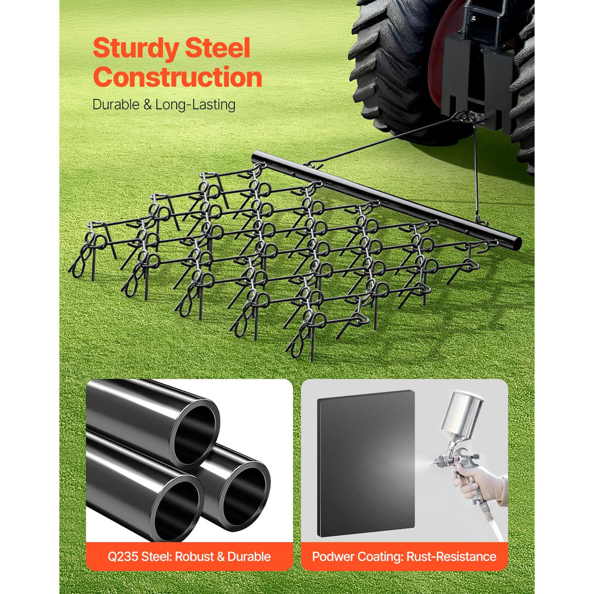 Drag Harrow, 5 x 4.5 ft Durable Chain Harrow with 60 Sharp Teeth, Suitable for ATV UTV Tractor, Ideal for Soil Preparation, Seeding, Smoothing Landscapes, and Yard Gravel Driveway Maintenance