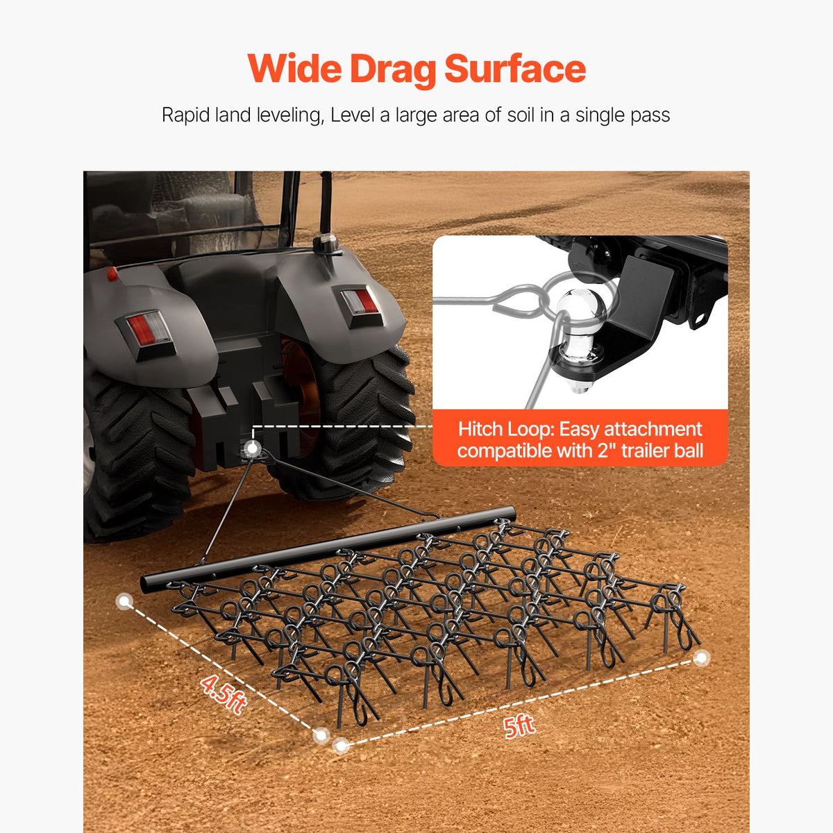 Drag Harrow, 5 x 4.5 ft Durable Chain Harrow with 60 Sharp Teeth, Suitable for ATV UTV Tractor, Ideal for Soil Preparation, Seeding, Smoothing Landscapes, and Yard Gravel Driveway Maintenance