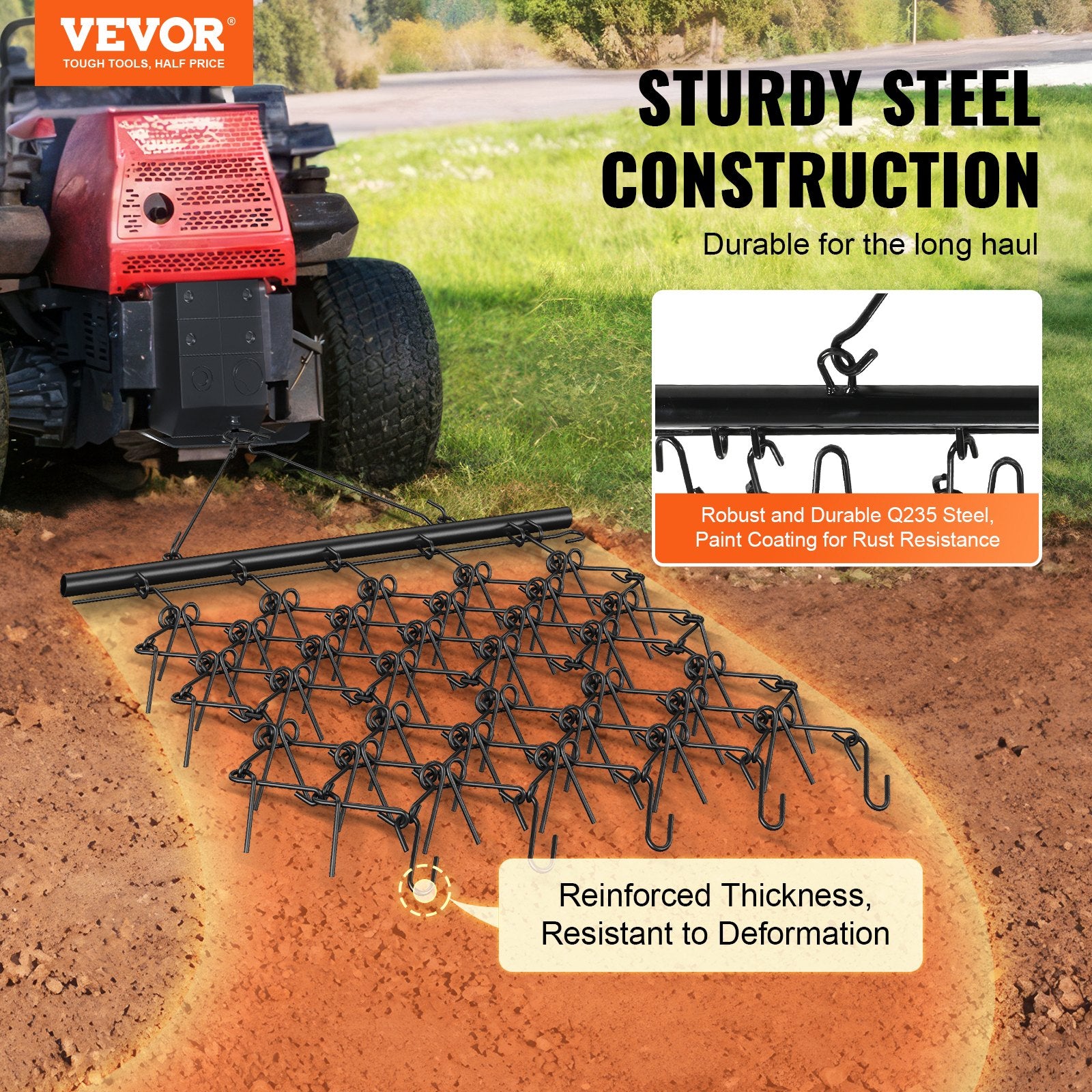 Drag Harrow, 4'x4' Heavy-Duty Chain Harrow with 69 Teeth, ATV UTV Tractor Attachments Field Drag Mat for Sod Prepping, Seeding Lawns, Landscape Leveling, Harrow Rake for Gravel Driveway Yard