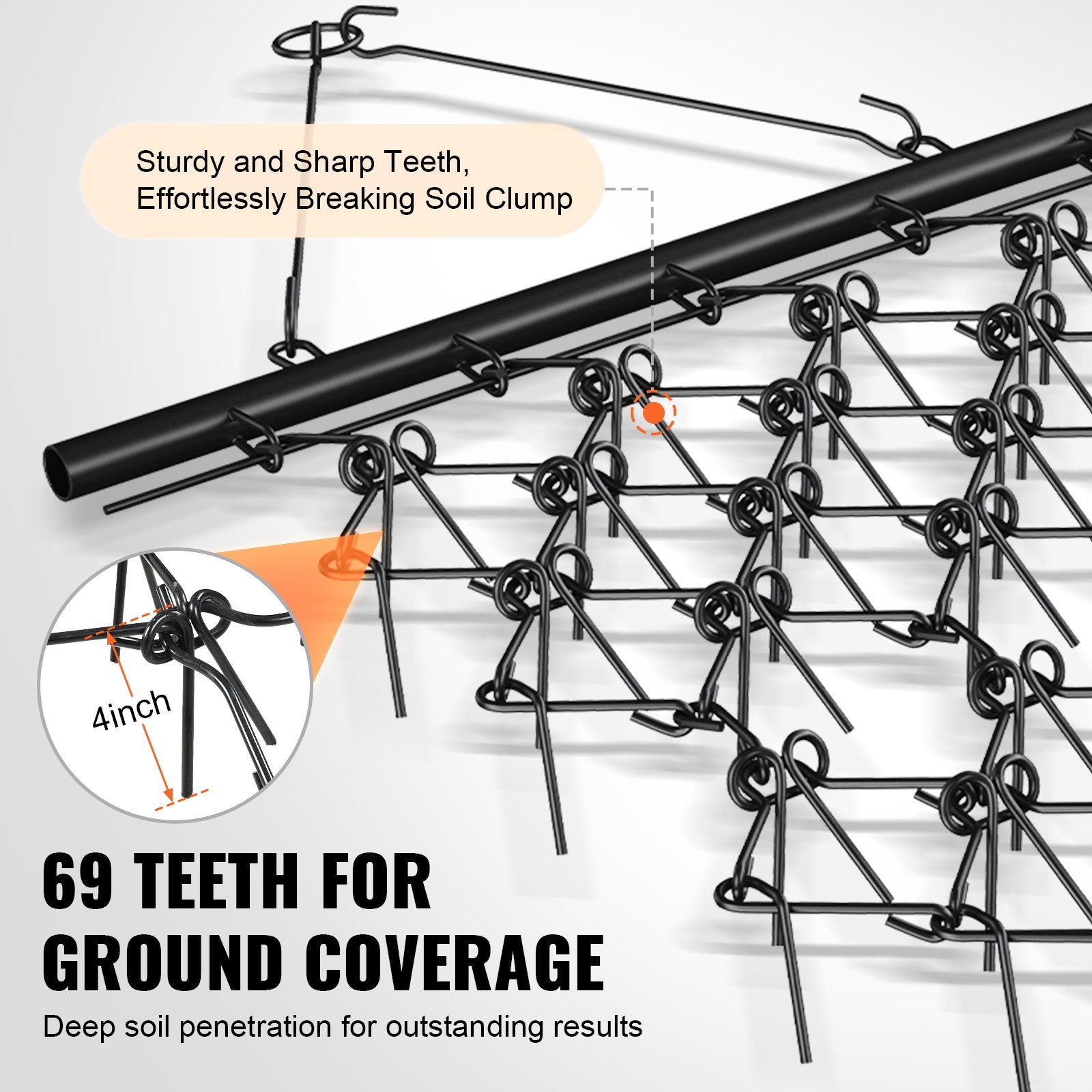 Drag Harrow, 4'x4' Heavy-Duty Chain Harrow with 69 Teeth, ATV UTV Tractor Attachments Field Drag Mat for Sod Prepping, Seeding Lawns, Landscape Leveling, Harrow Rake for Gravel Driveway Yard