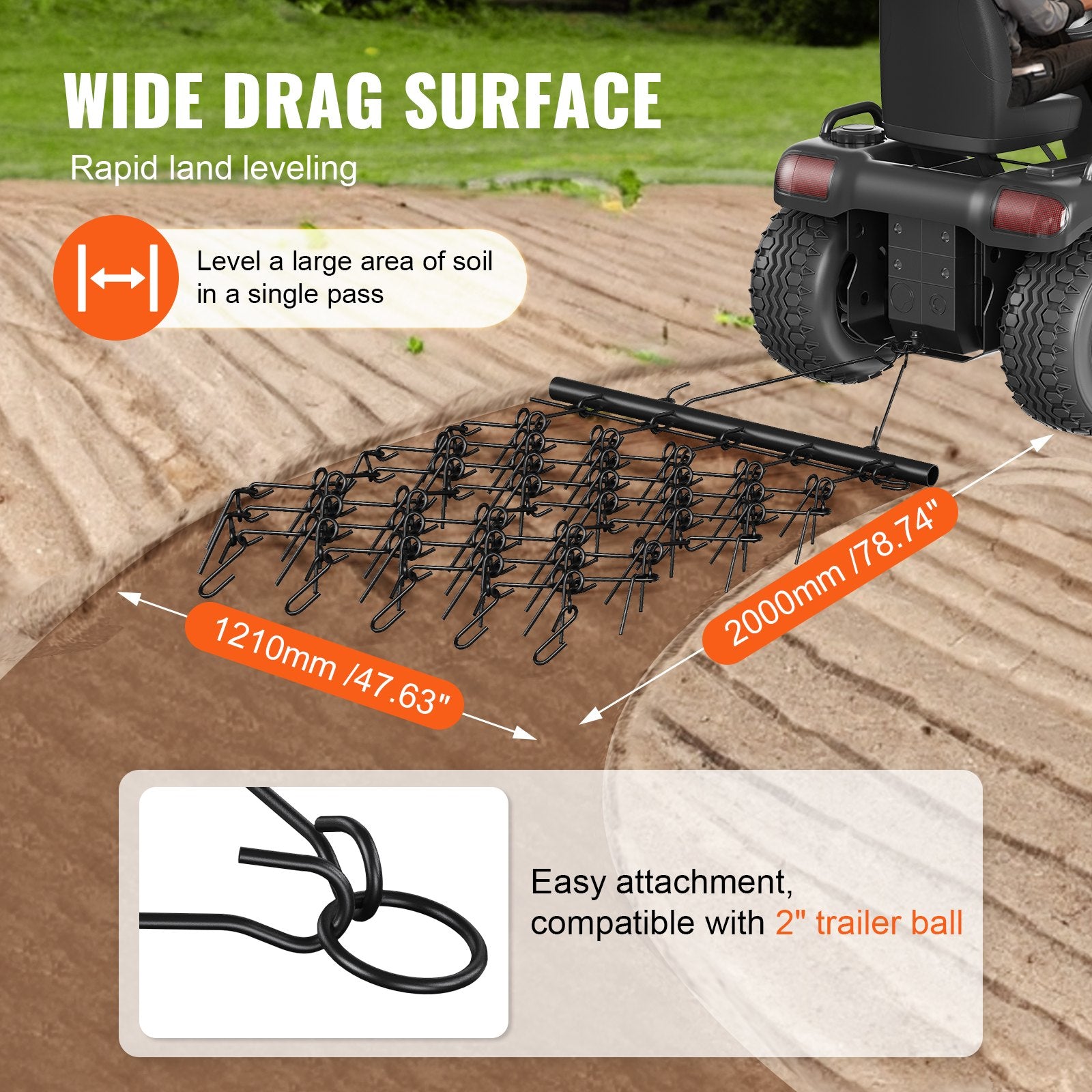 Drag Harrow, 4'x4' Heavy-Duty Chain Harrow with 69 Teeth, ATV UTV Tractor Attachments Field Drag Mat for Sod Prepping, Seeding Lawns, Landscape Leveling, Harrow Rake for Gravel Driveway Yard