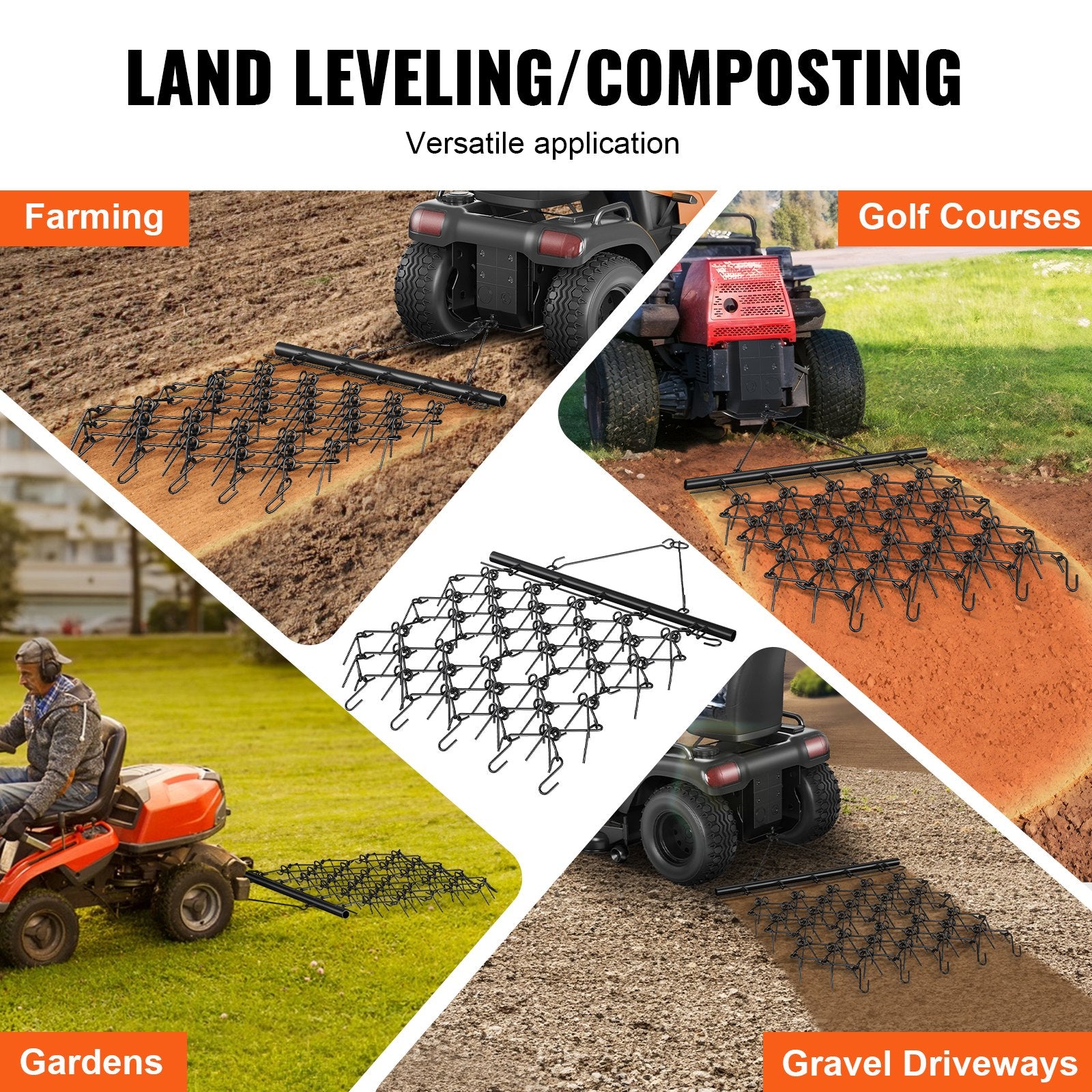 Drag Harrow, 4'x4' Heavy-Duty Chain Harrow with 69 Teeth, ATV UTV Tractor Attachments Field Drag Mat for Sod Prepping, Seeding Lawns, Landscape Leveling, Harrow Rake for Gravel Driveway Yard