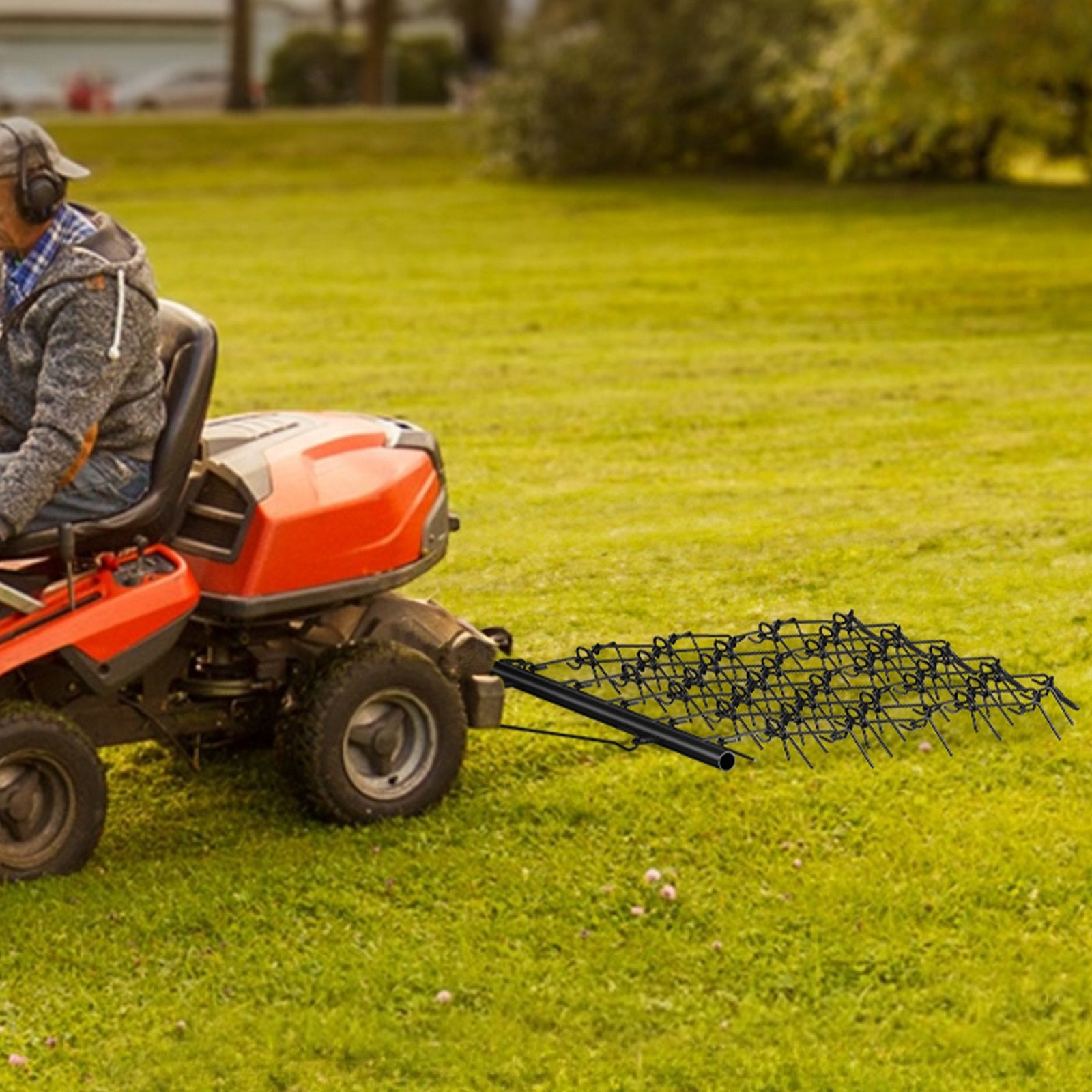 Drag Harrow, 4'x4' Heavy-Duty Chain Harrow with 69 Teeth, ATV UTV Tractor Attachments Field Drag Mat for Sod Prepping, Seeding Lawns, Landscape Leveling, Harrow Rake for Gravel Driveway Yard