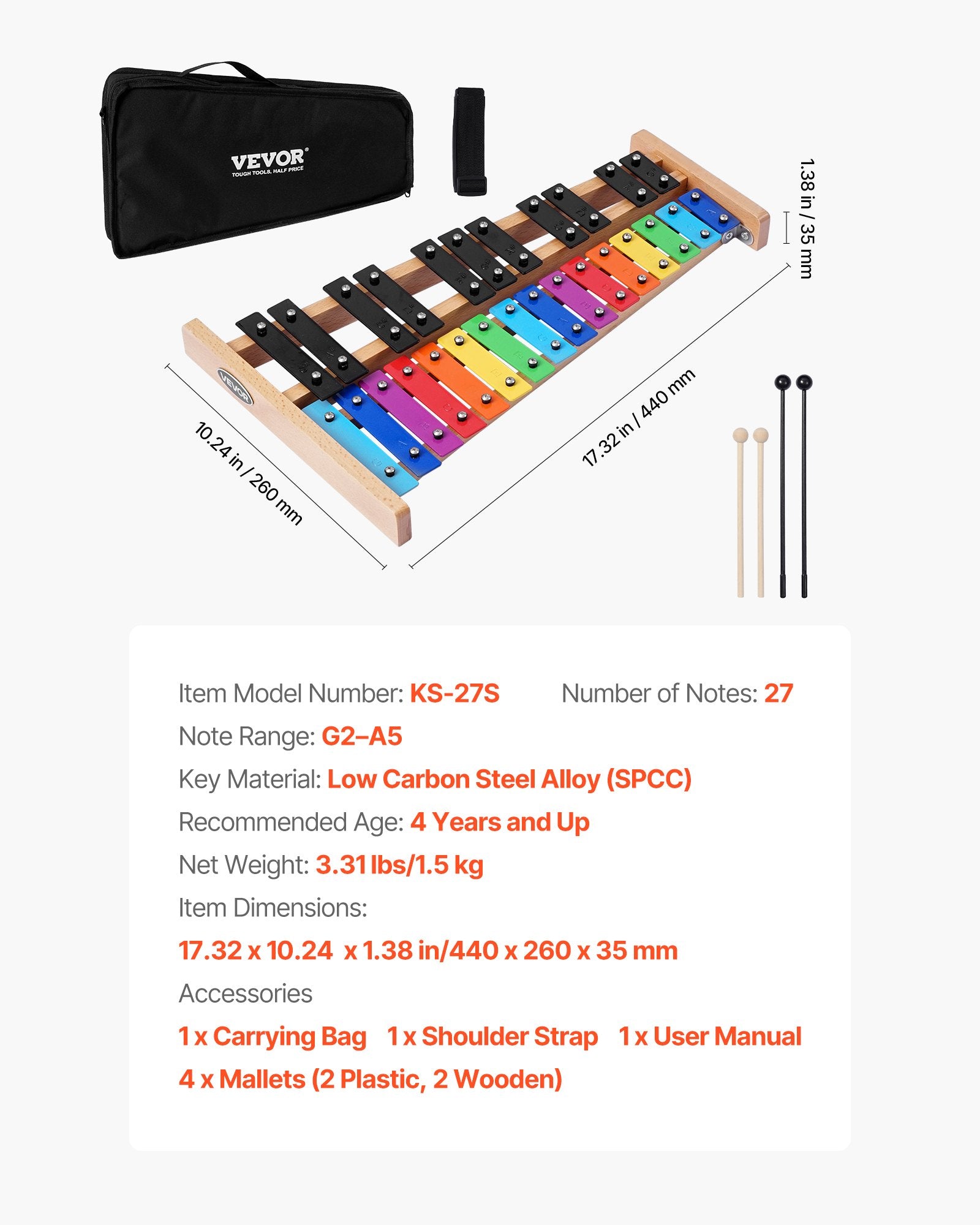 Glockenspiel Xylophone, 27 Notes, Professional Xylophone Percussion Instrument, with Colorful Metal Keys, Includes 4 Mallets, Carrying Bag, Beginner Musical Instrument Kit for Adults and Kids