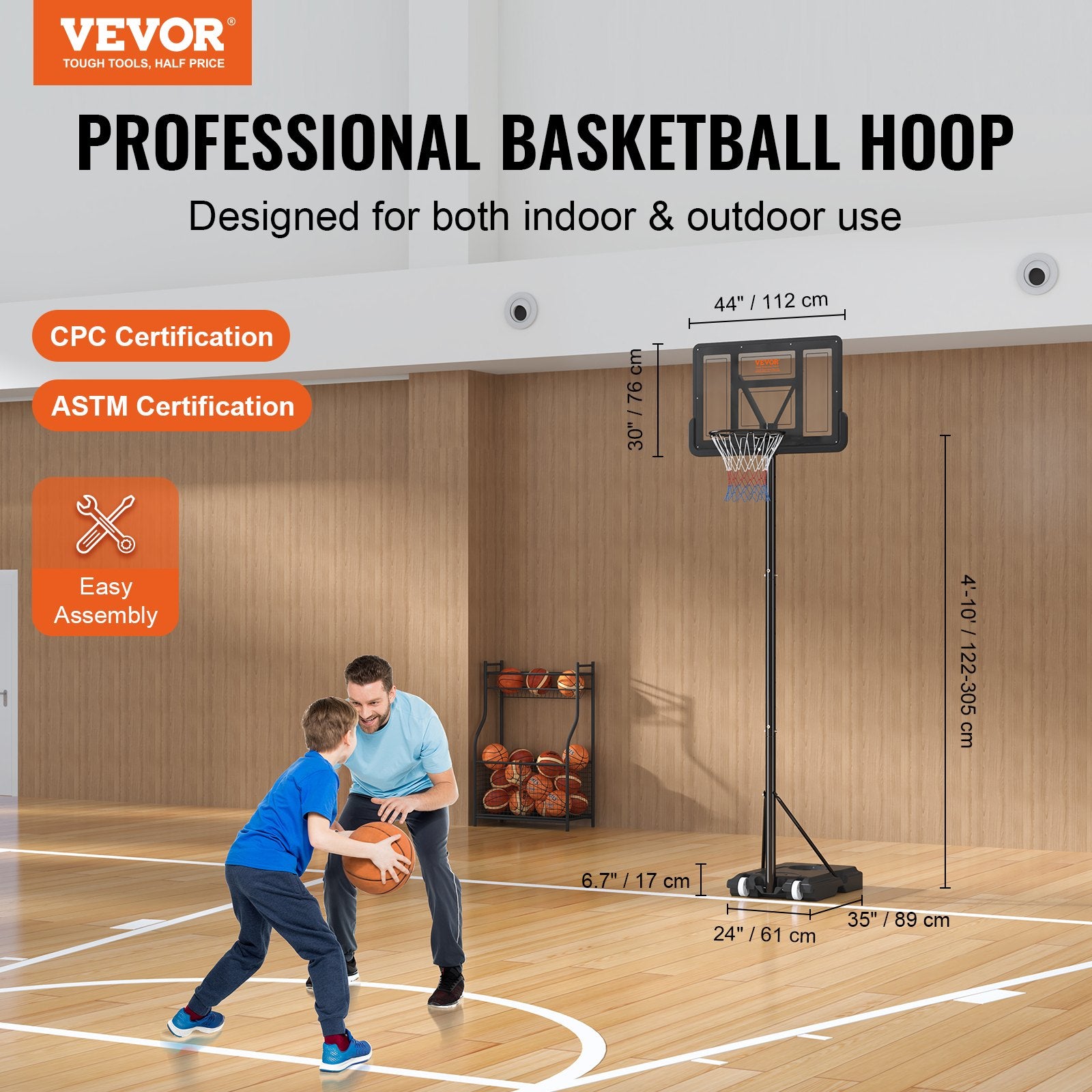 Basketball & Basketball Accessories: VEVOR Basketball Hoop, 4-10 ft Adjustable Height Portable Backboard System, 44 inch Basketball Hoop & Goal, Kids & Adults Basketball Set with Wheels, Stand, and Fillable Base, for Outdoor/Indoor