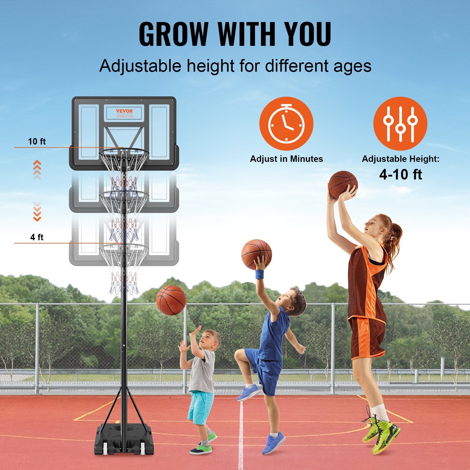 Basketball & Basketball Accessories: VEVOR Basketball Hoop, 4-10 ft Adjustable Height Portable Backboard System, 44 inch Basketball Hoop & Goal, Kids & Adults Basketball Set with Wheels, Stand, and Fillable Base, for Outdoor/Indoor