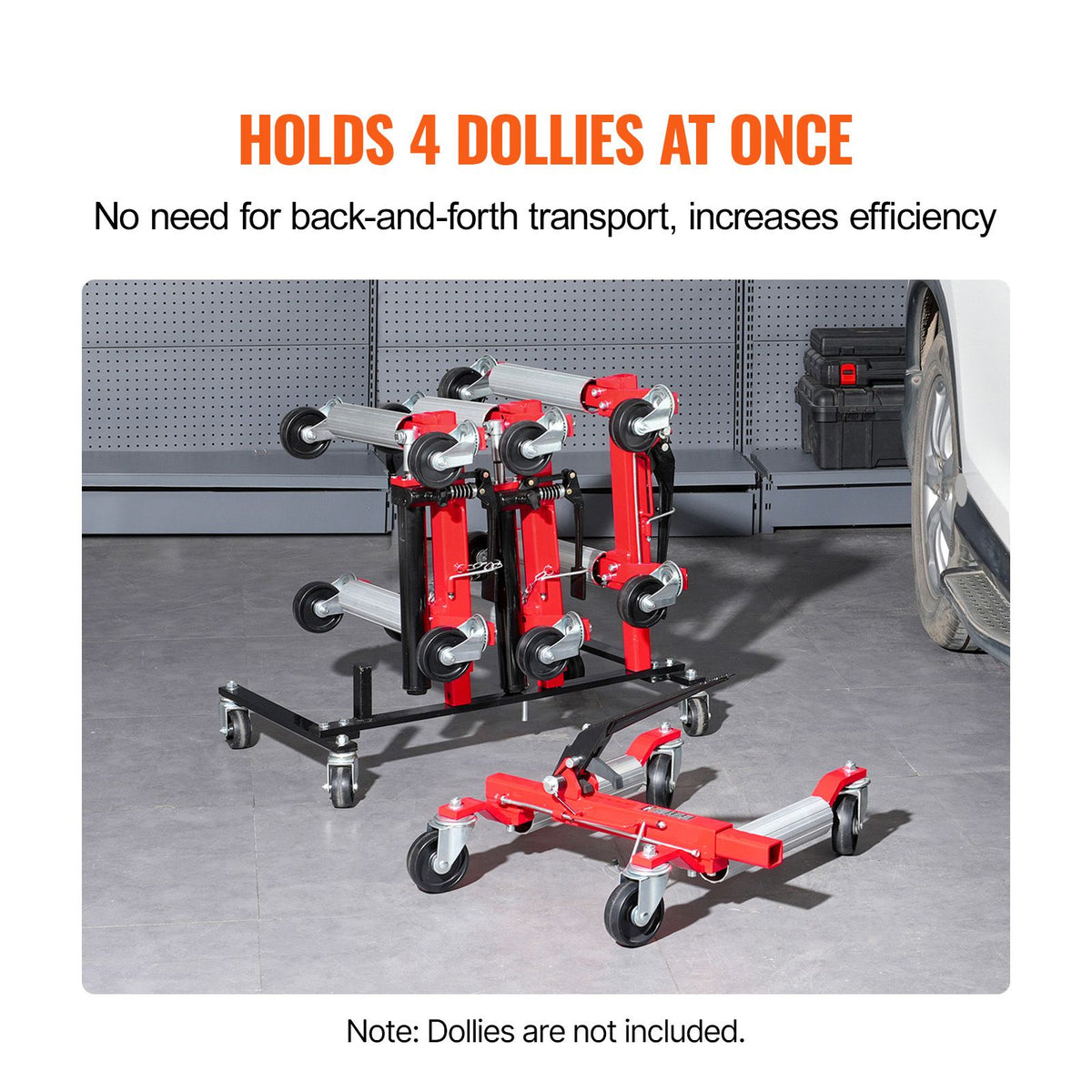 Car Dolly Rack, Storage Rack with 360° Rotatable Wheels, Hydraulic Ratchet Trolley Jack Stand Organizer, Jack Stands Holder Storage Rack, 4-Dolly Capacity, Compatible with Most Dollies