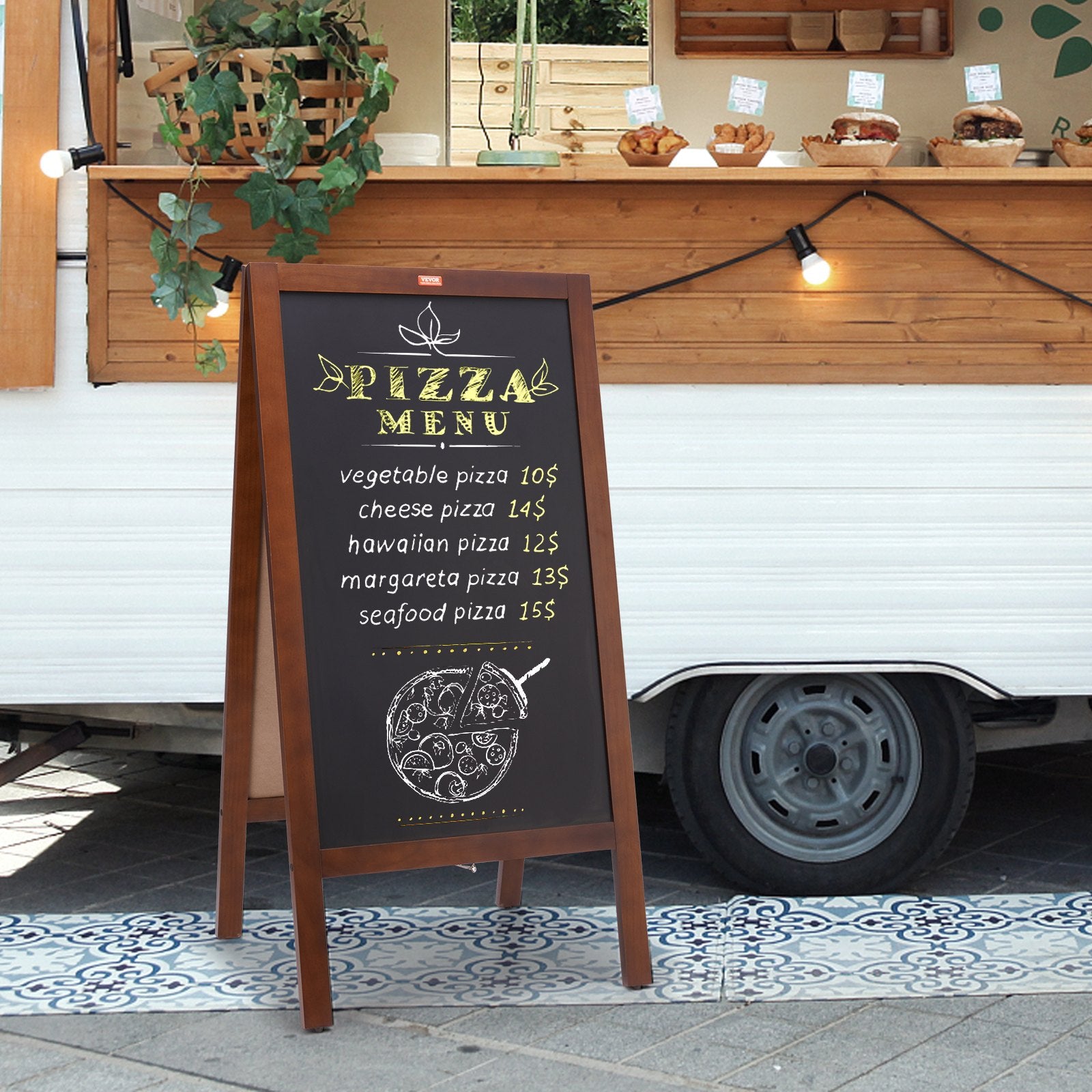 VEOVR A Frame Chalkboard Sign, 50x102 cm Double-Sided Sidewalk Signs, Freestanding Vintage Wooden Chalk Board with Chalks & Magnetic Eraser, Rustic Brown Outdoor Sandwich Board Kitchen Home Wedding