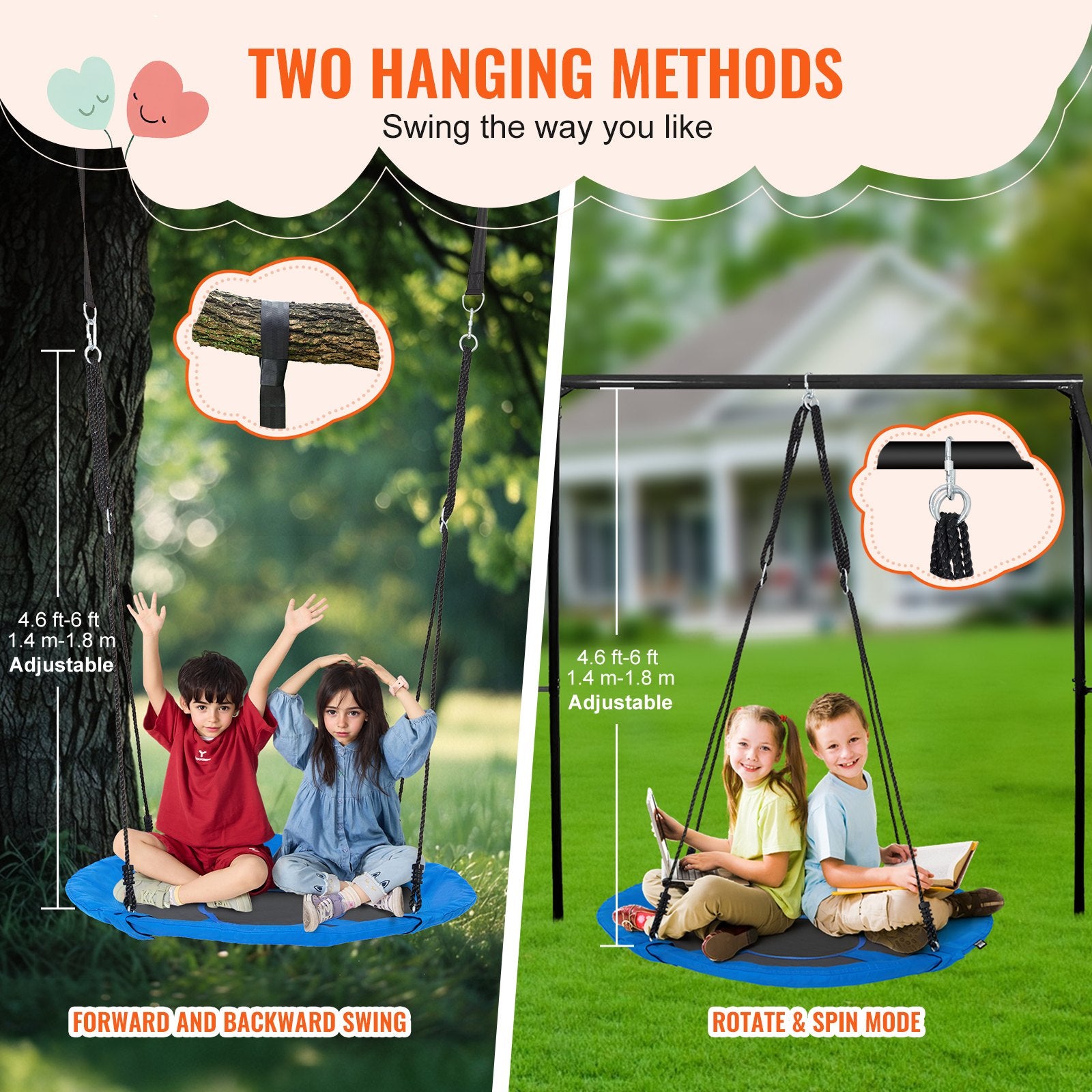 Garden Ornaments: VEVOR Tree Swing, 40 Inch Saucer Swing, 750lbs Weight Capacity, 900D Oxford Fabric Swing Seat with 2 Tree Hanging Straps and Adjustable Multi-Strand Ropes, Round Swing for Kids Outdoor, Blue