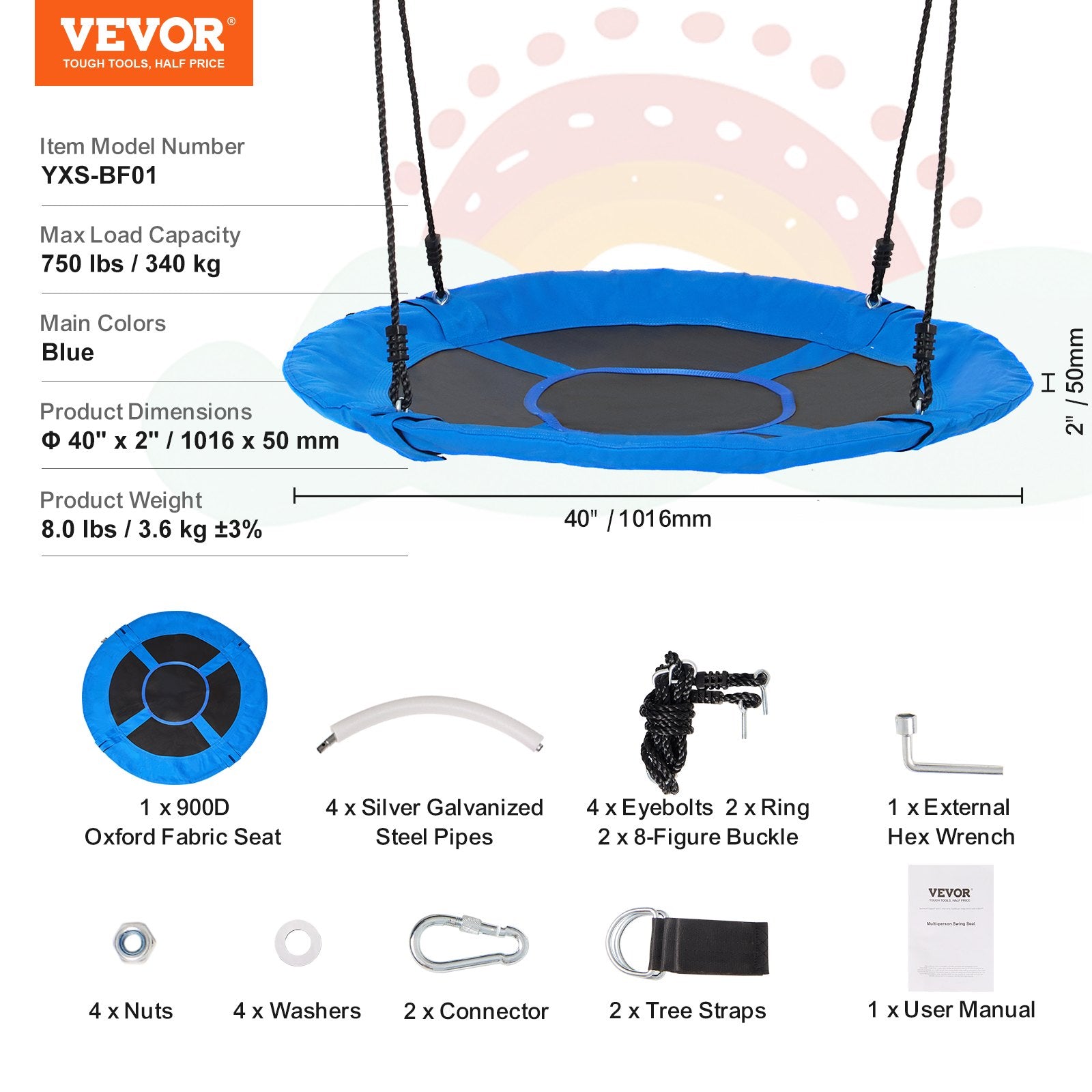 Garden Ornaments: VEVOR Tree Swing, 40 Inch Saucer Swing, 750lbs Weight Capacity, 900D Oxford Fabric Swing Seat with 2 Tree Hanging Straps and Adjustable Multi-Strand Ropes, Round Swing for Kids Outdoor, Blue
