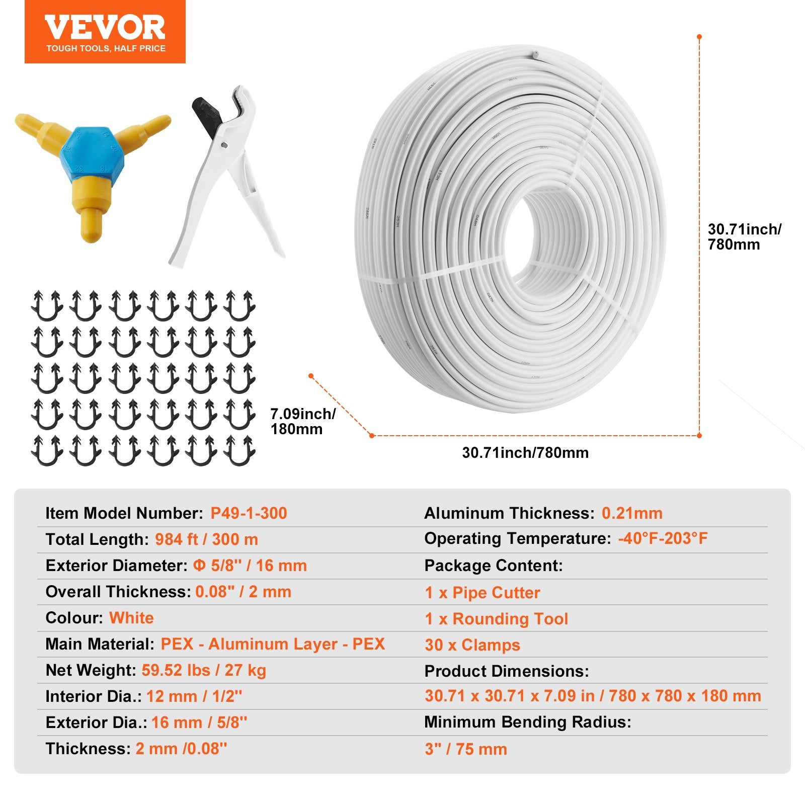 PEX-AL-PEX Tube, 300M, 16 mm Diameter Aluminum-Plastic Composite Pipe Oxygen Barrier Radiant Floor PEX Pipe, 2 mm Thickness Radiant Heat Floor Plumbing Inner Aluminum Layer PEX Tubing Pipe