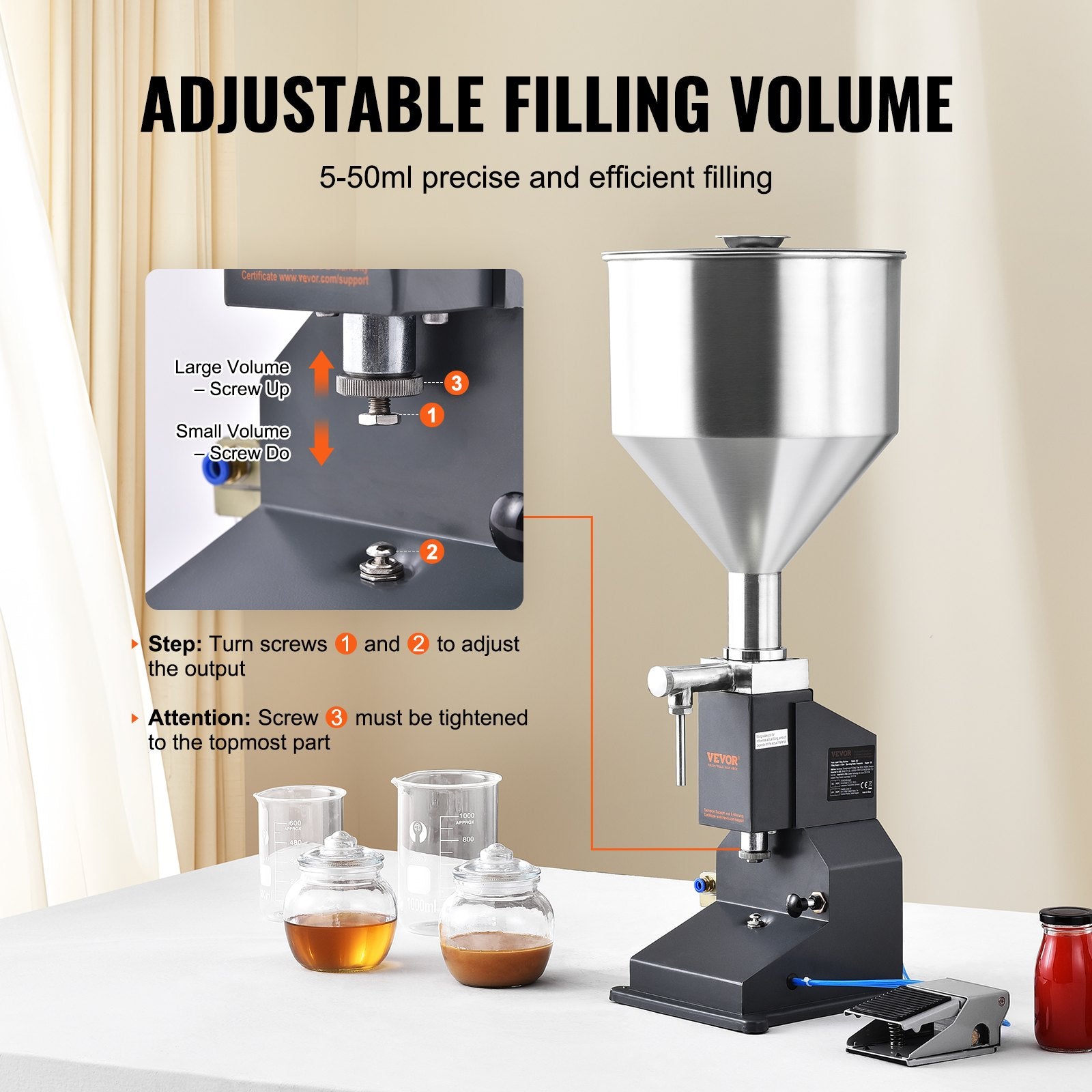 Pneumatic Paste Liquid Filling Machine, 5-50ml Bottle Filler, Bottle Filling Machine, Stainless Steel Liquid Filler with Pedal for Milk Water Juice Essential Oil Shampoo Cosmetic Honey Lotion