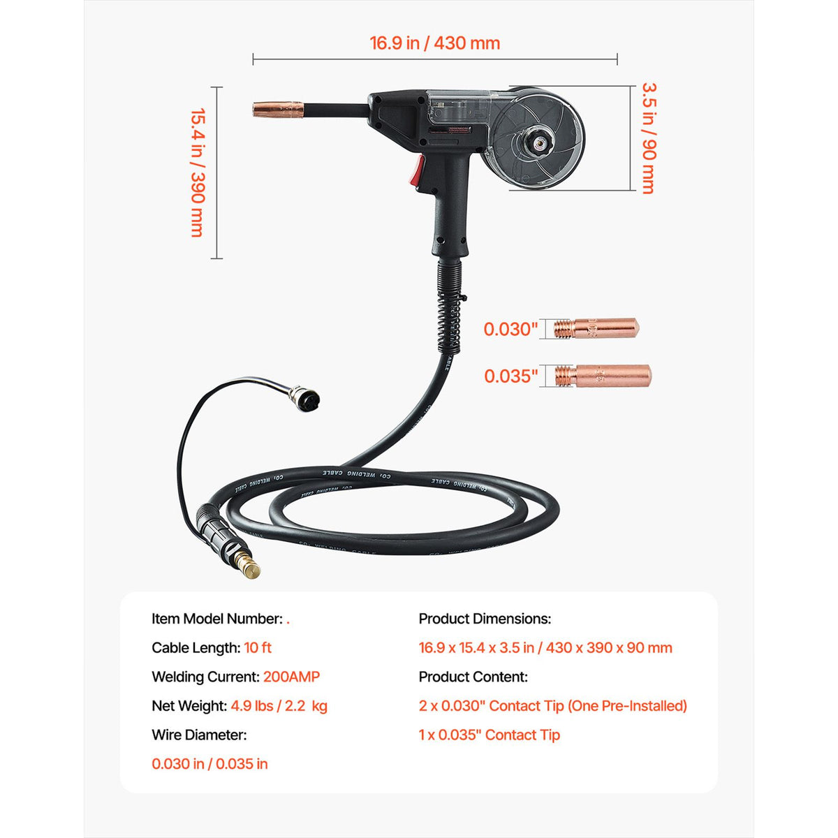 200Amp Spool Gun with 10FT Cable, Compatible with W Weldpro MlG200GDsv200 and MIG155GD Welders, Suitable for 0.030" and 0.035" Flux Core/Solid/Aluminum Welding Wires
