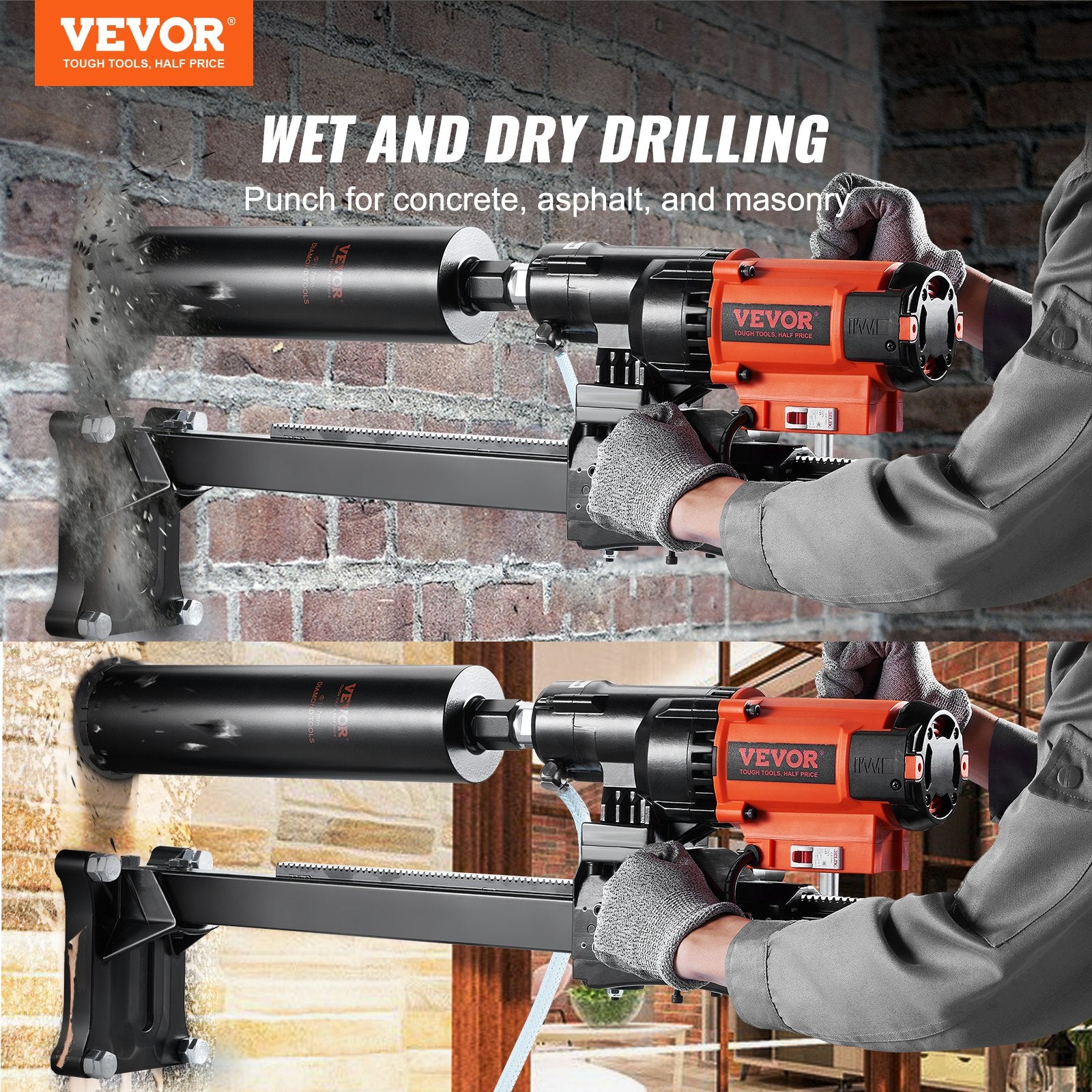 Masonry Tools: VEVOR Diamond Core Drilling Machine, 8in Wet&Dry Concrete Core Drill Rig with Stand, 750RPM Speed & 1-1/4" 5/8" Thread & Lifting Handle, 8in Drilling Diameter for Concrete Brick Block Stone, 2500W