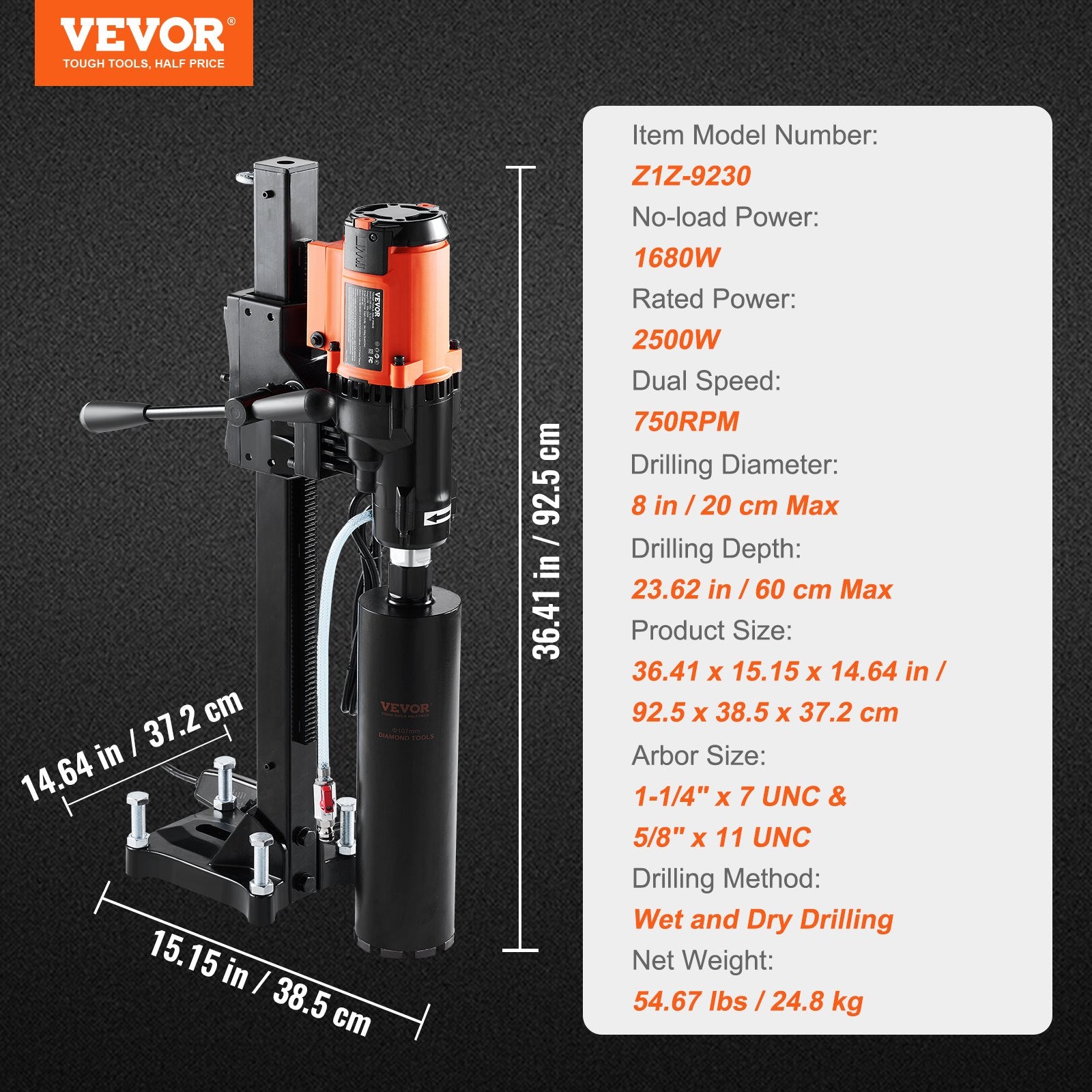 Masonry Tools: VEVOR Diamond Core Drilling Machine, 8in Wet&Dry Concrete Core Drill Rig with Stand, 750RPM Speed & 1-1/4" 5/8" Thread & Lifting Handle, 8in Drilling Diameter for Concrete Brick Block Stone, 2500W