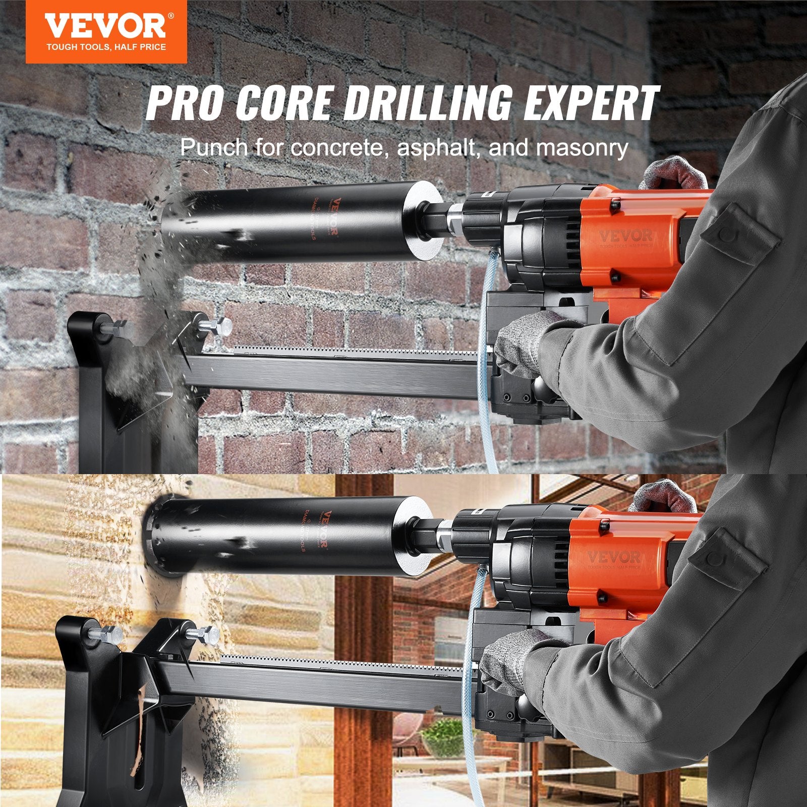 Diamond Core Drilling Machine, 10in Wet Concrete Core Drill Rig with Stand Wheels, 750RPM Speed & 1-1/4" Thread & Lifting Handle, 10in Drilling Diameter for Concrete Brick Block Stone, 2500W