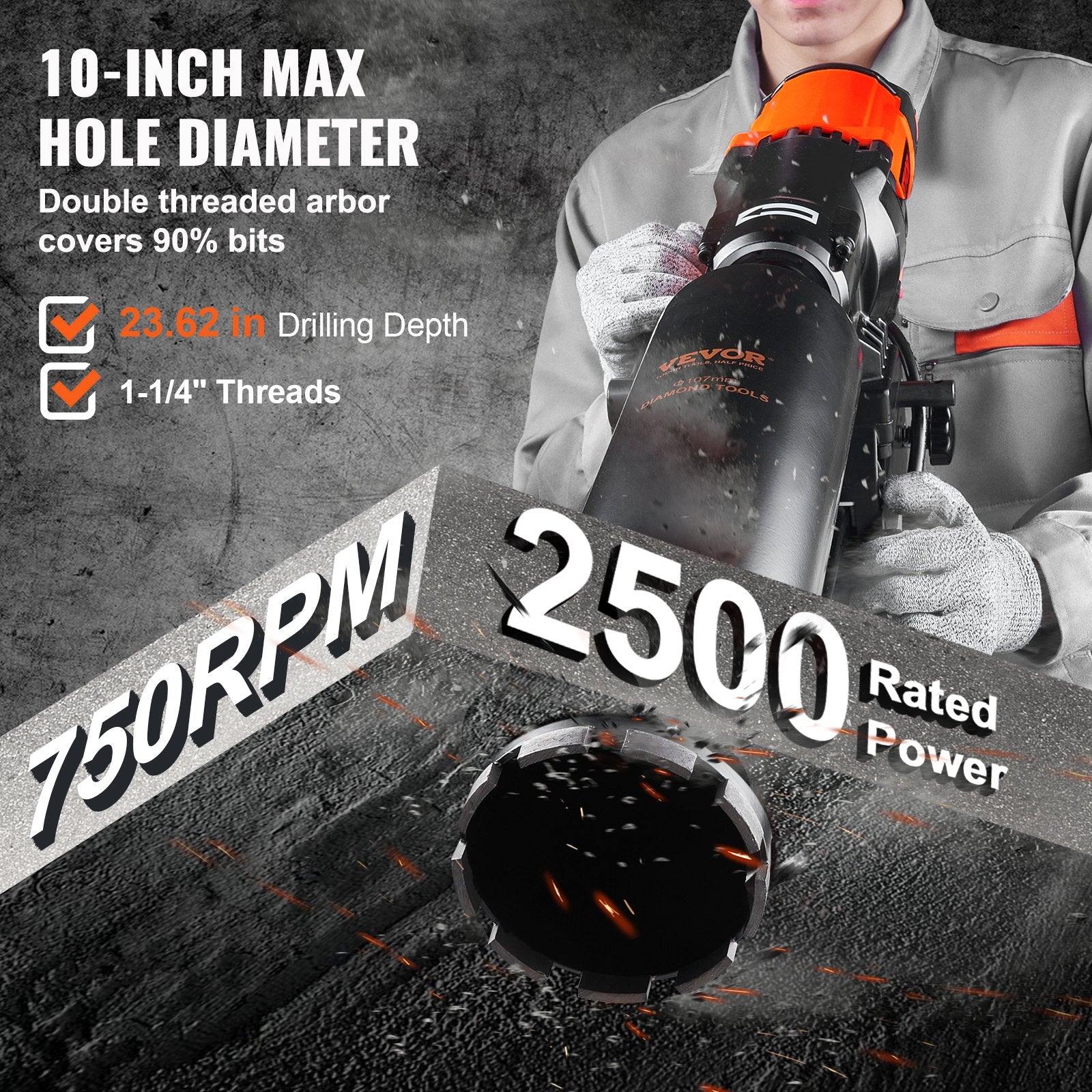 Diamond Core Drilling Machine, 10in Wet Concrete Core Drill Rig with Stand Wheels, 750RPM Speed & 1-1/4" Thread & Lifting Handle, 10in Drilling Diameter for Concrete Brick Block Stone, 2500W