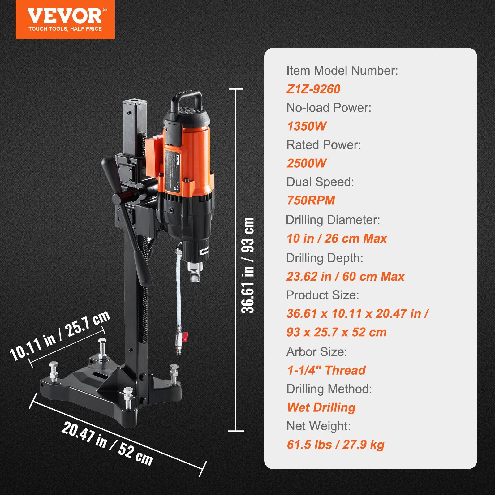 Diamond Core Drilling Machine, 10in Wet Concrete Core Drill Rig with Stand Wheels, 750RPM Speed & 1-1/4" Thread & Lifting Handle, 10in Drilling Diameter for Concrete Brick Block Stone, 2500W