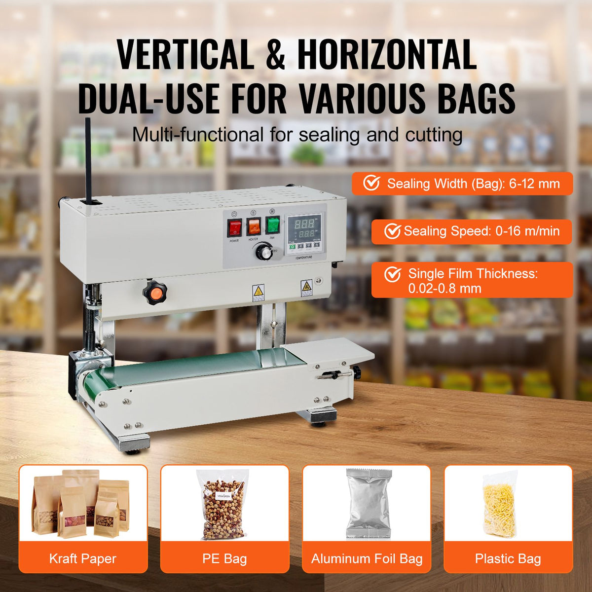 Continuous Bag Band Sealing Machine, 6-12 mm Sealing Width, Vertical Band Sealer Machine with Digital Temperature Control, Carbon Steel Bag Sealer for 0.02-0.8 mm Plastic Bags Films Membrane