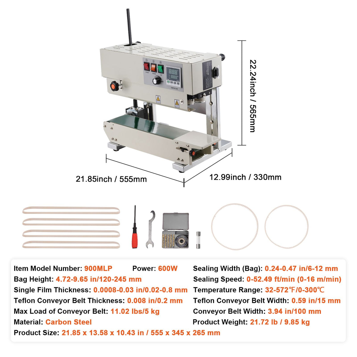 Continuous Bag Band Sealing Machine, 6-12 mm Sealing Width, Vertical Band Sealer Machine with Digital Temperature Control, Carbon Steel Bag Sealer for 0.02-0.8 mm Plastic Bags Films Membrane