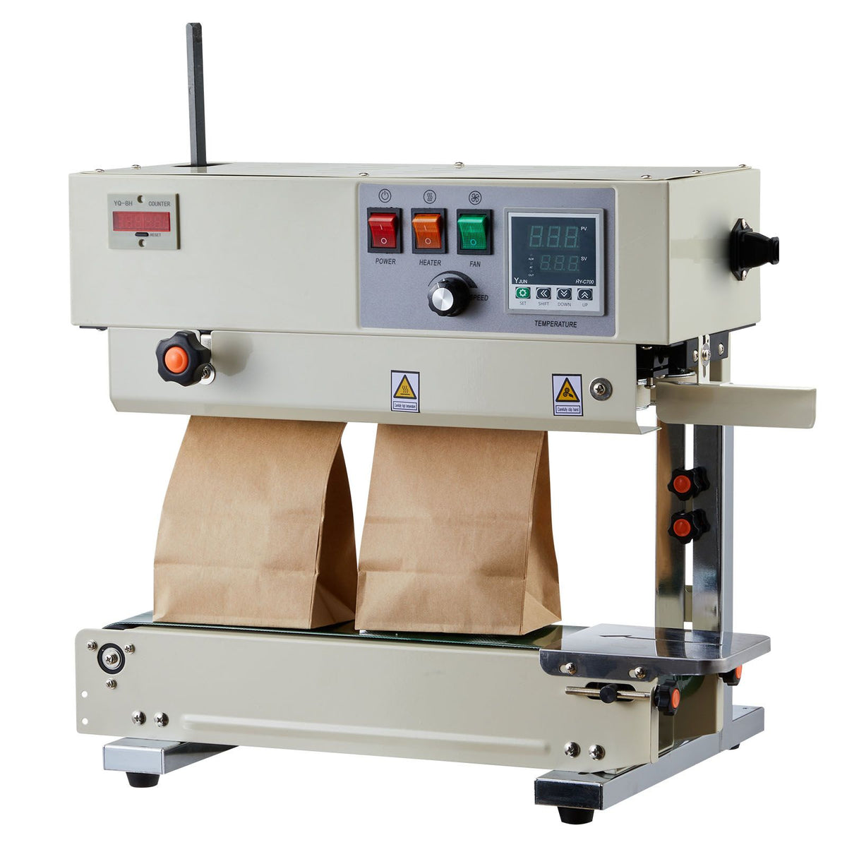 Continuous Bag Band Sealing Machine, 6-12 mm Seal Width, Vertical Band Sealer Machine with Roller Printing , Temp & Speed Adjustable, Commercial Heat Sealer Machine for 0.03-0.8 mm Plastic Bags
