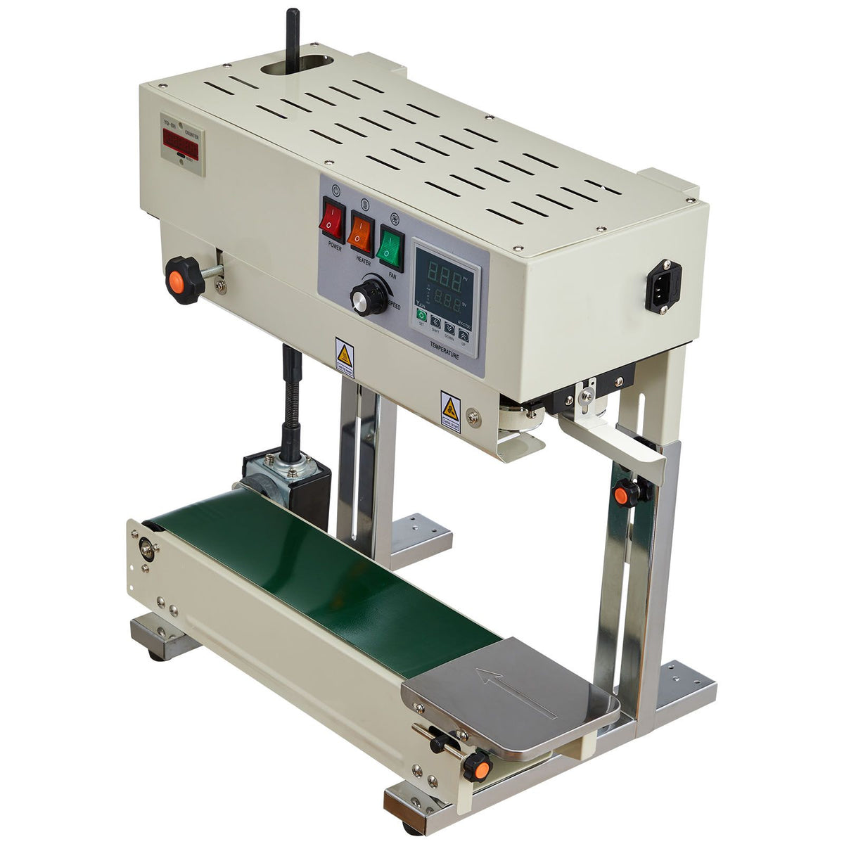 Continuous Bag Band Sealing Machine, 6-12 mm Seal Width, Vertical Band Sealer Machine with Roller Printing , Temp & Speed Adjustable, Commercial Heat Sealer Machine for 0.03-0.8 mm Plastic Bags