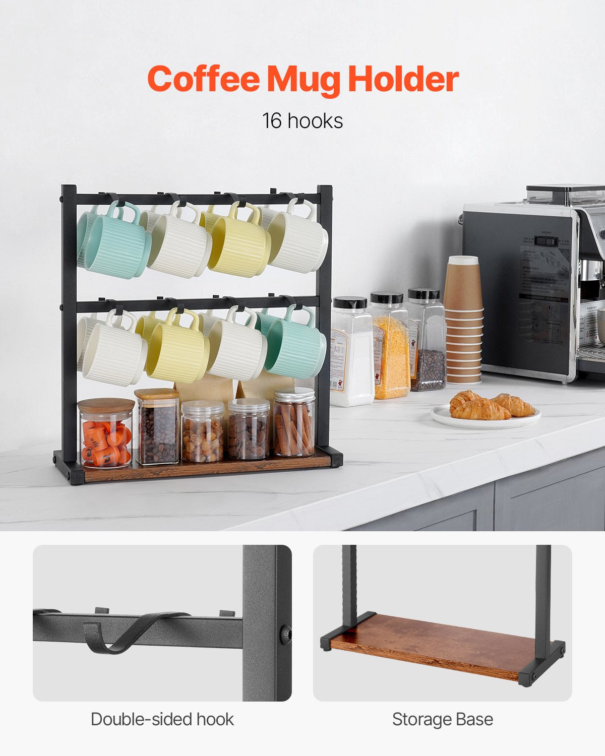 Coffee Mug Holder for Countertop 16 Hooks Cup Rack with Wood Storage Base