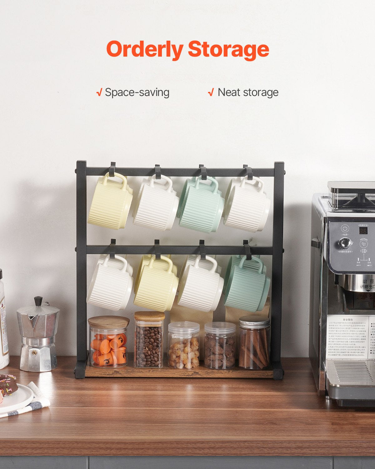 Coffee Mug Holder for Countertop 16 Hooks Cup Rack with Wood Storage Base