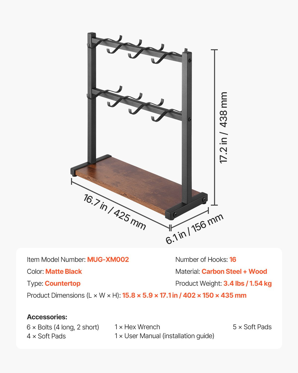Coffee Mug Holder for Countertop 16 Hooks Cup Rack with Wood Storage Base