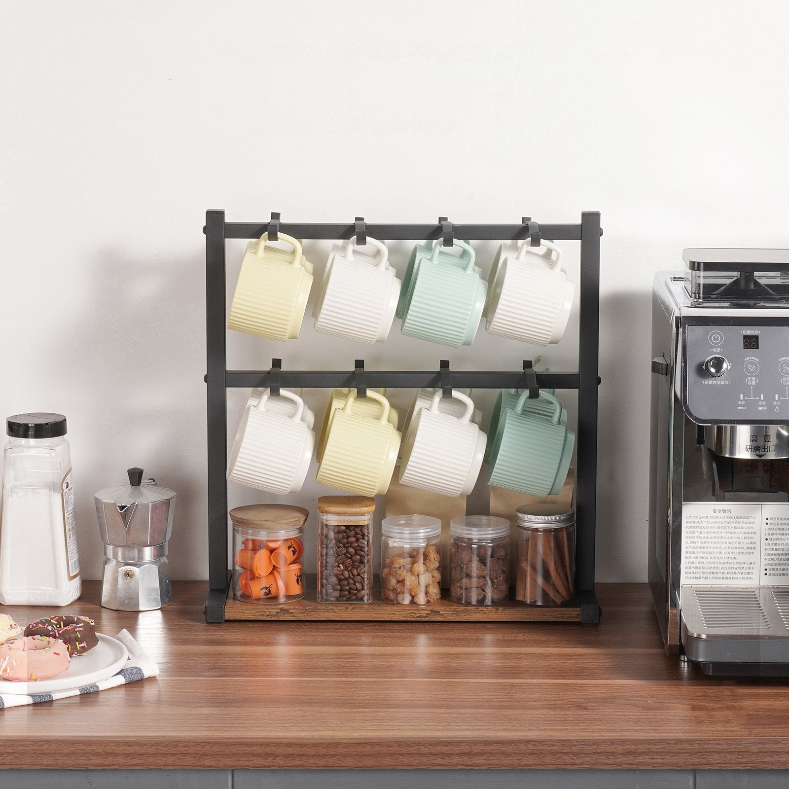 Coffee Mug Holder for Countertop 16 Hooks Cup Rack with Wood Storage Base