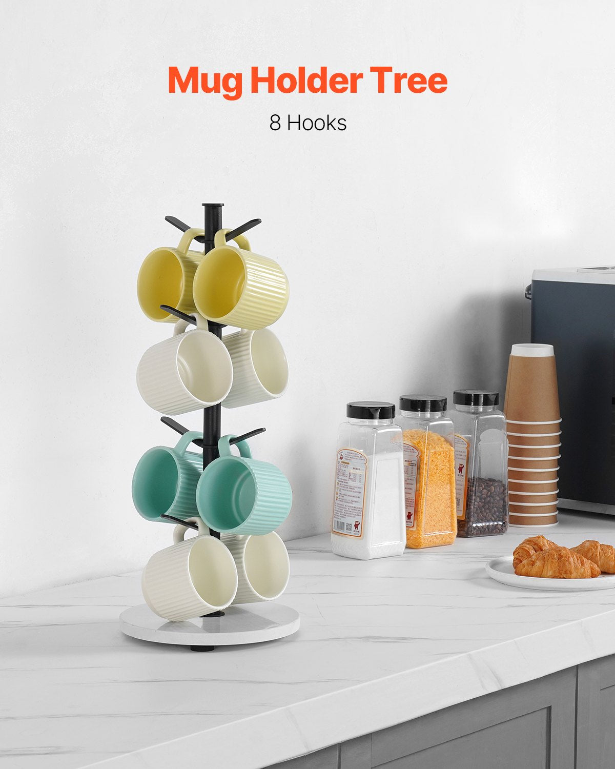 Coat Racks: VEVOR Mug Holder Tree with Marble Base 8 Hooks Cup Tree Rack for Counter Kitchen