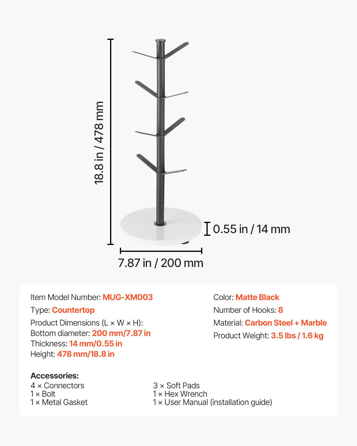Coat Racks: VEVOR Mug Holder Tree with Marble Base 8 Hooks Cup Tree Rack for Counter Kitchen