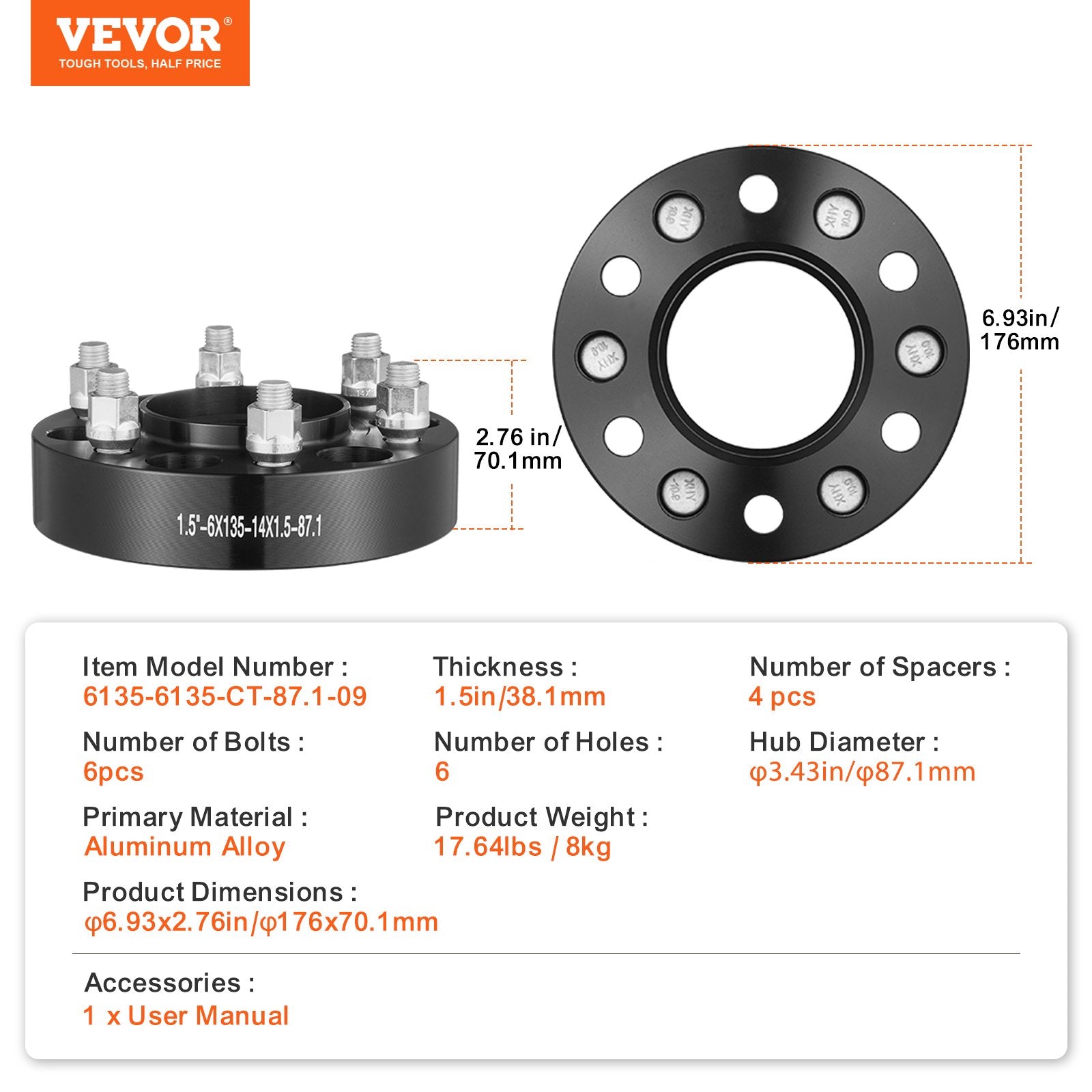 Automotive Repair & Speciality Tools: VEVOR 1.5" 6"x5.3" Wheel Spacers Wheel Adapters 6 Lug Forged Spacer 4 PCS Black