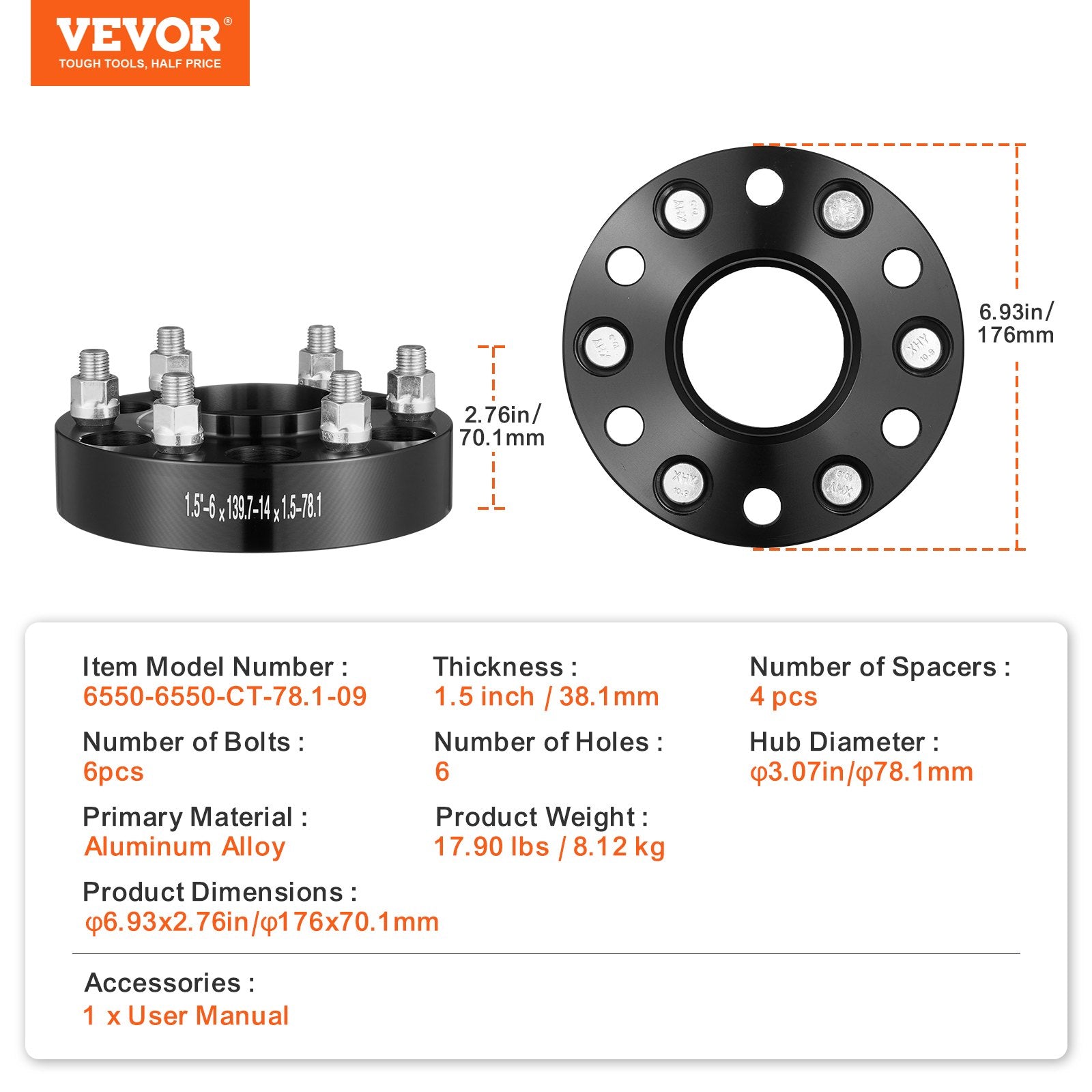 Automotive Repair & Speciality Tools: VEVOR 1.5" 6"x5" Wheel Spacers Wheel Adapters 6 Lug Forged Spacer 4 PCS Black