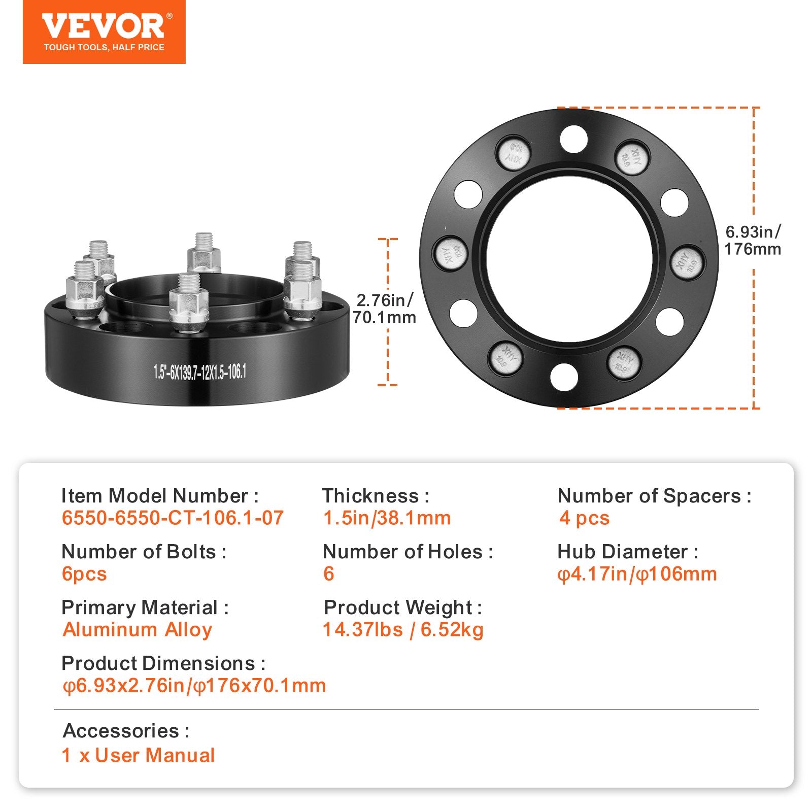 Automotive Repair & Speciality Tools: VEVOR 1.5" 6"x5.5" Wheel Spacers Wheel Adapters 6 Lug Forged Spacer 4 PCS Black