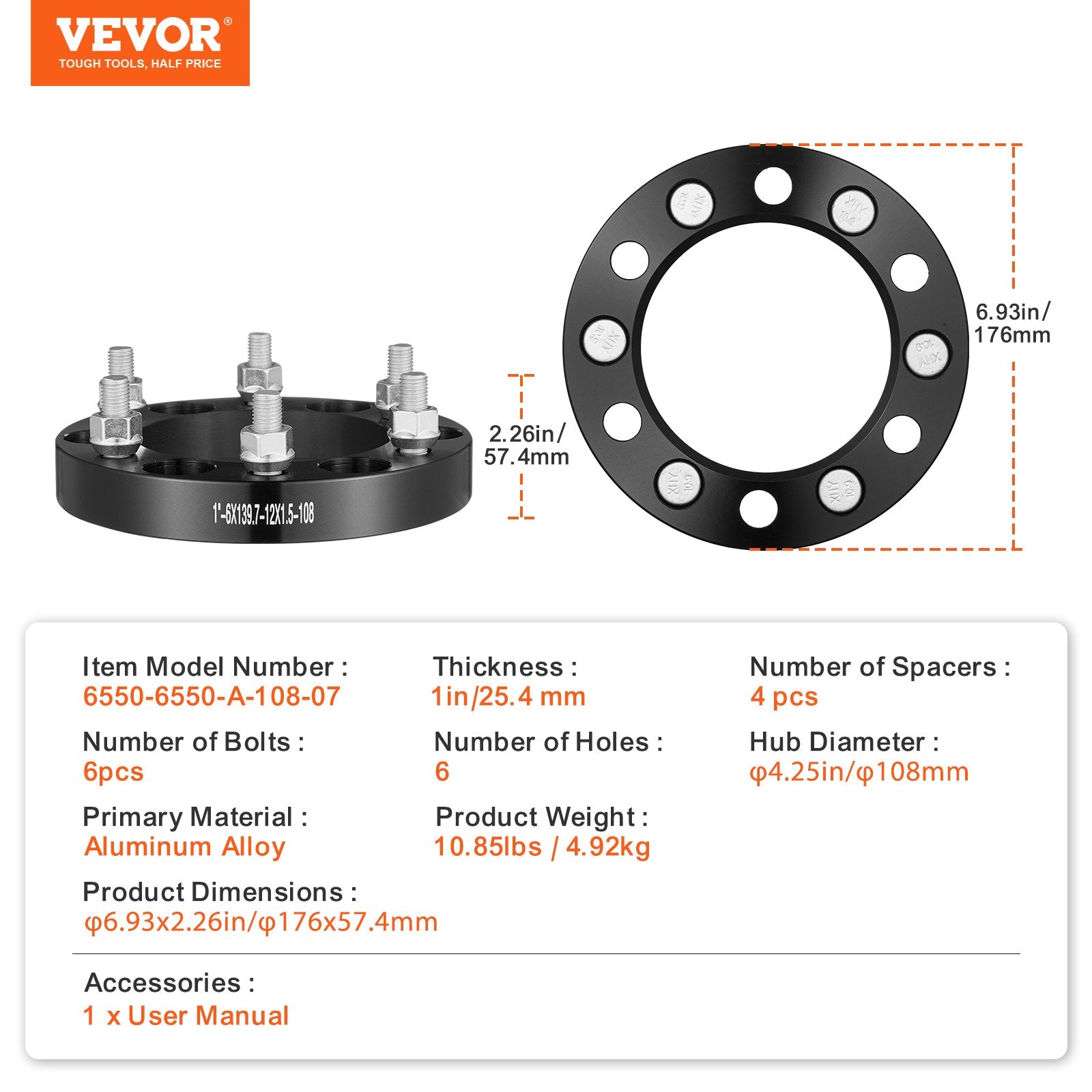 Automotive Repair & Speciality Tools: VEVOR 1" 6"x5.5" Wheel Spacers Wheel Adapters 6 Lug Forged Spacer 4 PCS Black