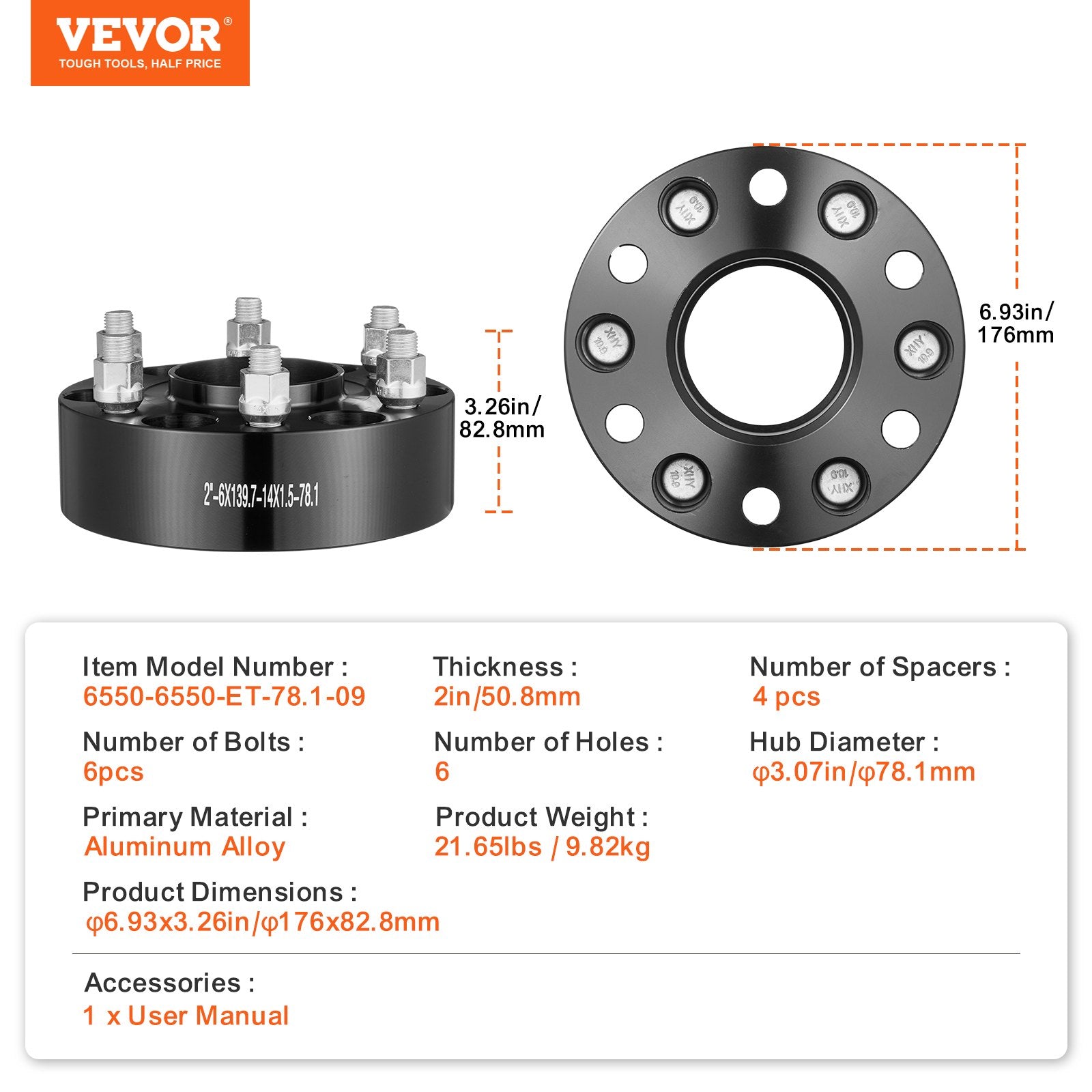 Automotive Repair & Speciality Tools: VEVOR 2" 6"x5.5" Wheel Spacers Wheel Adapters 6 Lug Forged Spacer 4 PCS Black