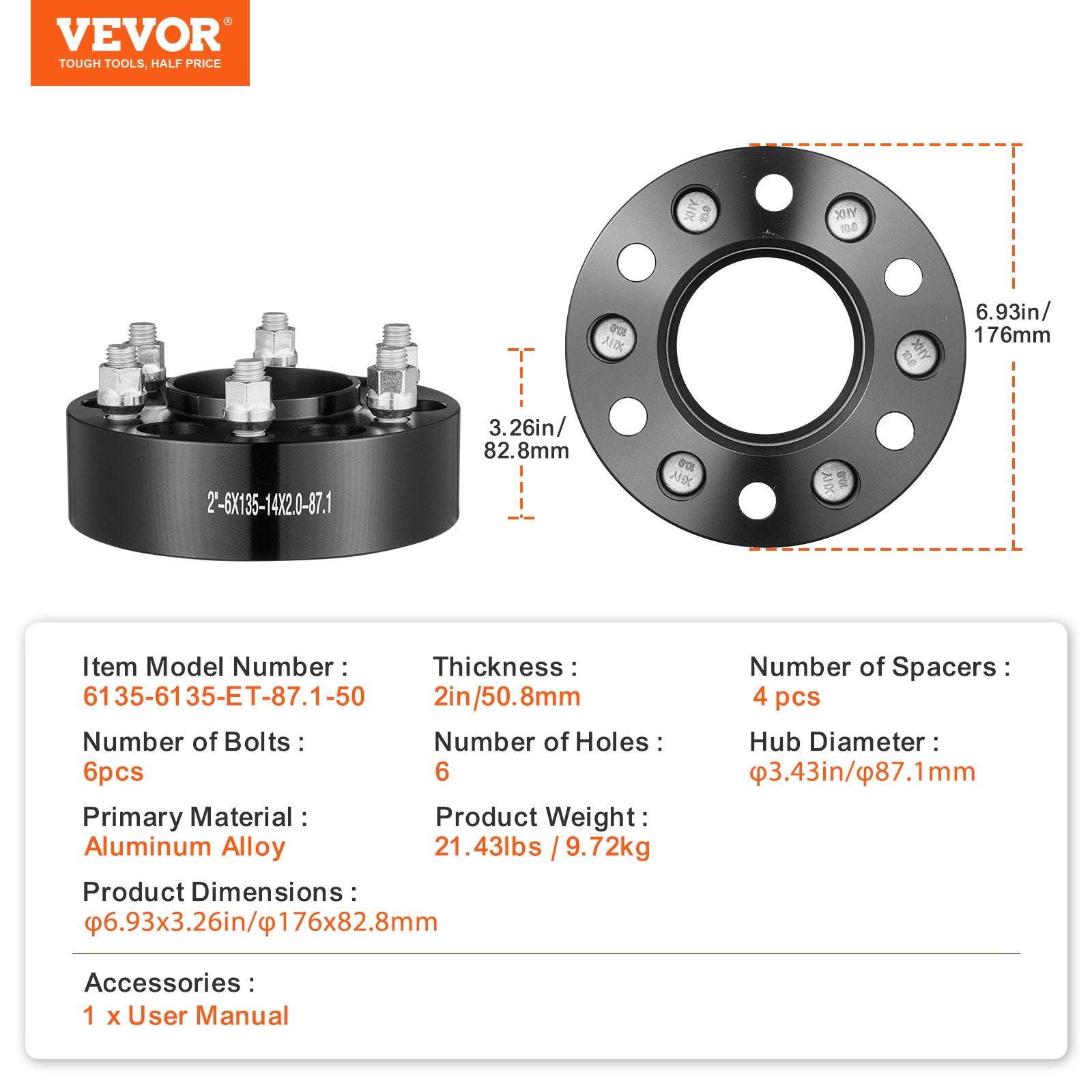 Automotive Repair & Speciality Tools: VEVOR 2" 6"x5.3" Wheel Spacers Wheel Adapters 6 Lug Forged Spacer 4 PCS Black