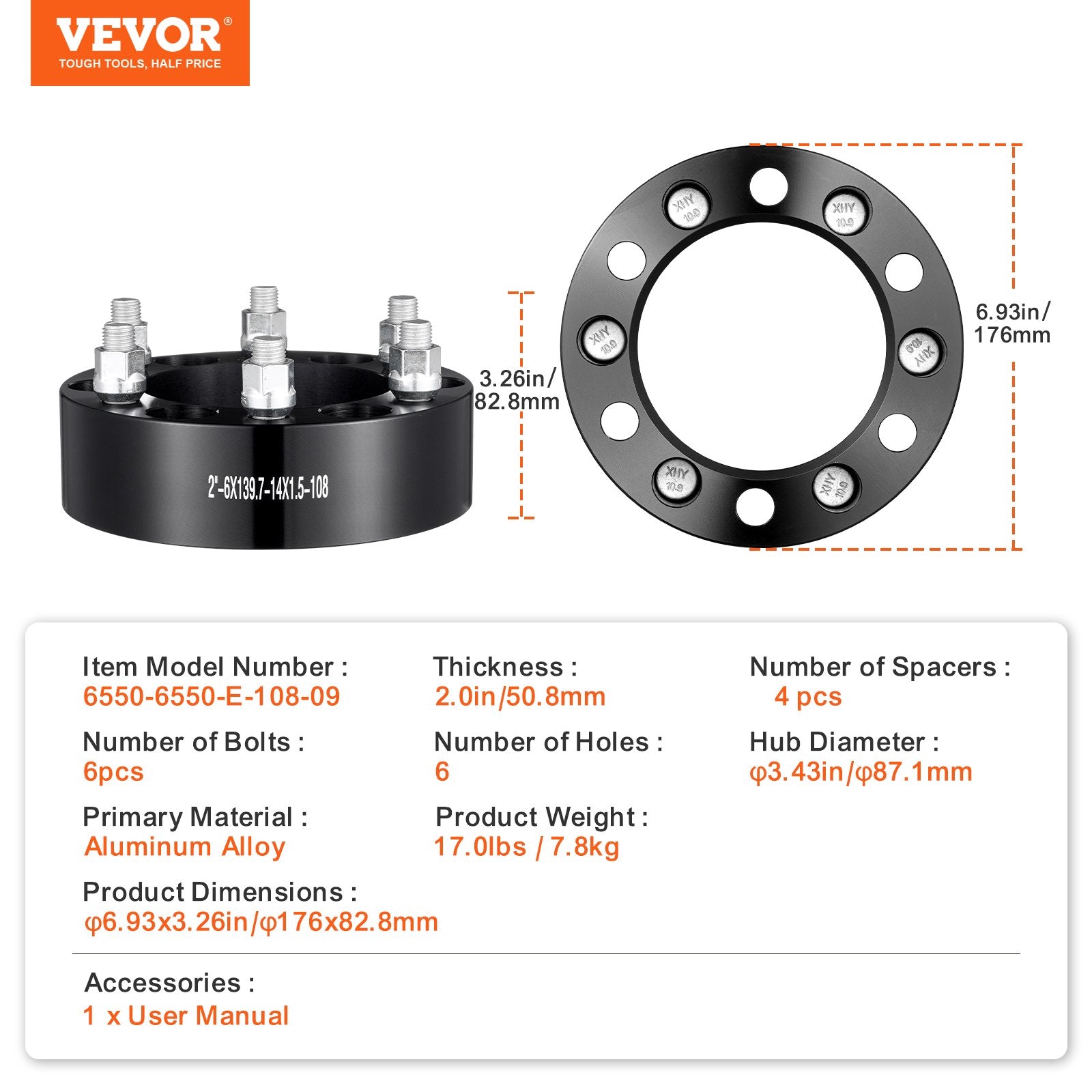 Automotive Repair & Speciality Tools: VEVOR 2" 6"x5.5" Wheel Spacers Wheel Adapters 6 Lug Forged Spacer 4 PCS Black