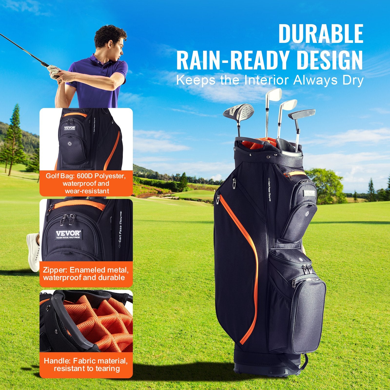 Golf Accessories: VEVOR Golf Cart Bag with 14 Way Organizer Divider Top, 36” 13 Pockets Premium Cart Bag, Durable 600D Polyester Fabric Golf Bags with Handles & Dust Cover & Detachable Straps for Men & Women, Black & Orange